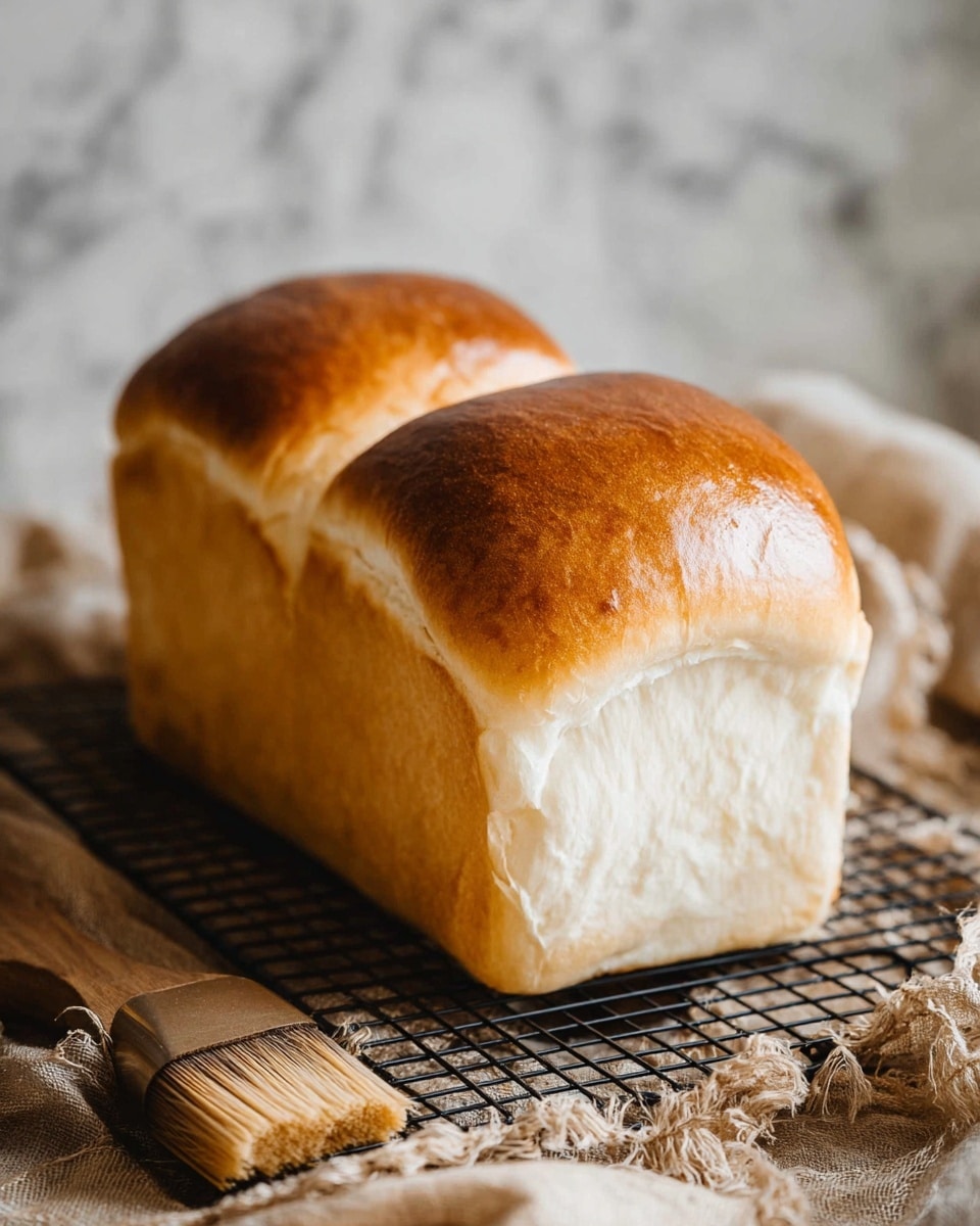 A loaf of soft bread with two large, rounded, golden-brown tops sits on a black wire cooling rack. The sides of the bread are pale and smooth, showing a soft and fluffy texture. The bread rests on a rough, tan fabric with a wooden pastry brush lying in front of it. The scene has a warm and cozy feel with soft lighting highlighting the shiny crust of the bread. The background is a white marbled texture. photo taken with an iphone --ar 4:5 --v 7