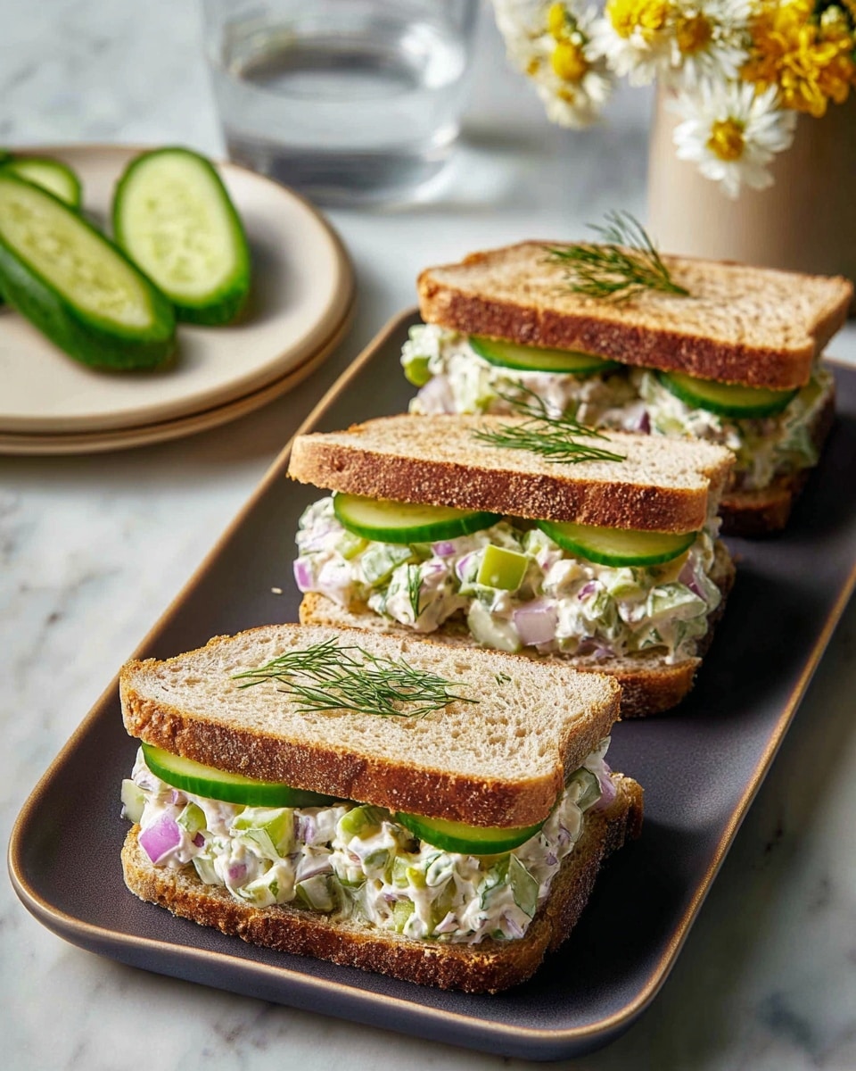 Three small sandwiches on a dark rectangular plate, each sandwich made with two slices of toasted brown bread. Inside the sandwiches, there is a creamy white layer mixed with small pieces of purple onion and light green celery. Underneath this creamy mixture, there are thin, fresh cucumber slices. On top, there are fine green dill sprigs adding a fresh touch. In the background, two halves of a fresh cucumber sit on a white plate, and a glass of water is nearby on a white marbled surface. A small light brown vase with white and yellow flowers can be seen to the side. Photo taken with an iphone --ar 4:5 --v 7