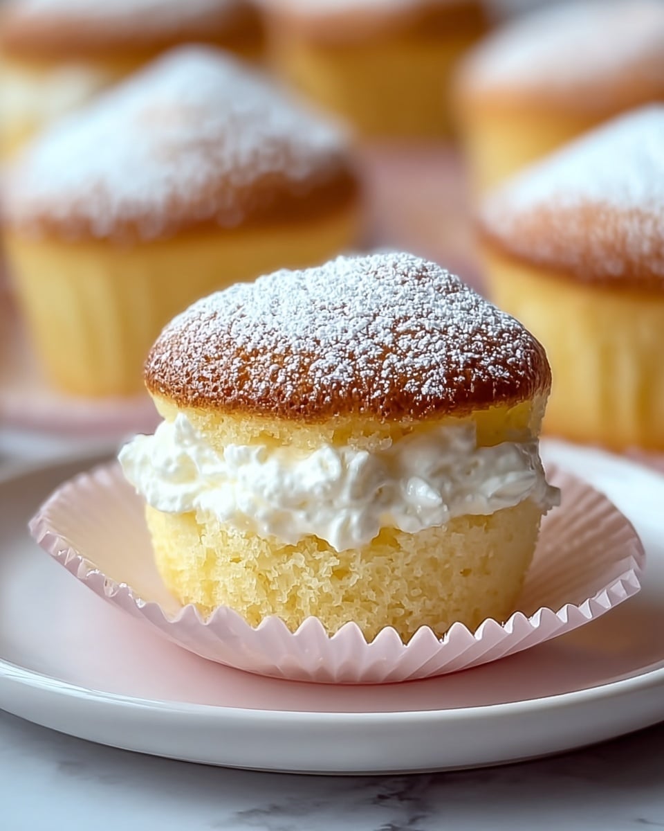 A close-up view of a light golden cupcake with a fluffy white cream filling visible in the middle, topped with a dusting of white powdered sugar. The cupcake's soft texture is shown clearly around the edges of the creamy center. It rests on a pale pink paper liner, placed on a white plate with a white marbled texture background. In the background, there are more cupcakes of the same type, slightly blurred to keep focus on the front cupcake. photo taken with an iphone --ar 4:5 --v 7