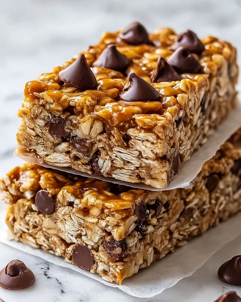 The image shows two stacked granola bars with a dense, chewy texture. Each bar has a thick bottom layer packed with oats, chocolate chips, and chopped nuts in light brown and dark brown colors. The top layer is covered with whole oats held together by a glossy caramel-like syrup, creating a shiny golden appearance, with several large dark chocolate chips placed on top. The bars rest on white parchment paper, and the background is a white marbled surface. Photo taken with an iphone --ar 4:5 --v 7
