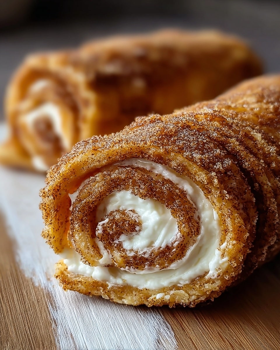 The image shows two cinnamon roll-like pastries placed side by side on a wooden surface with a white marbled texture underneath. Each pastry has three to four visible layers: a thin, golden-brown outer crust sprinkled with cinnamon sugar, a creamy white filling in the middle, and a spiraled cinnamon-sugar layer wrapping around the inside. The texture of the pastries is slightly crunchy on the outside, with a soft and creamy center. The focus is on the front pastry's end, showing a clear swirl, while the back pastry is blurred. photo taken with an iphone --ar 4:5 --v 7