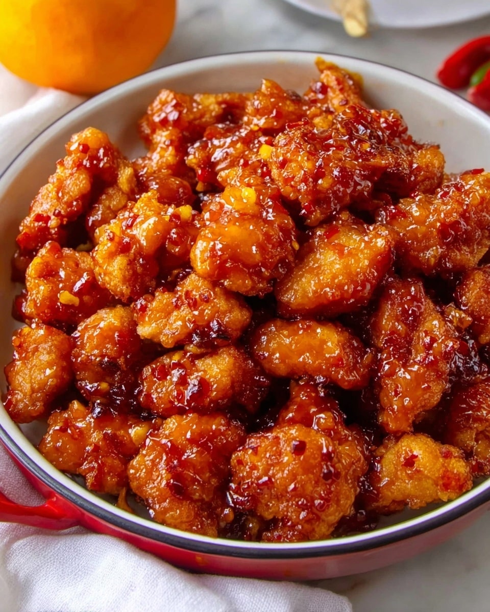 A white bowl filled with many small pieces of crispy fried chicken coated in a shiny, thick, bright reddish-orange sauce that looks sticky and flavorful, the chicken pieces are varied in size and clustered closely together. The bowl has a thin dark rim and a red handle on the left side. Part of an orange fruit and a white cloth sit to the left outside the bowl, all placed on a white marbled surface. photo taken with an iphone --ar 4:5 --v 7