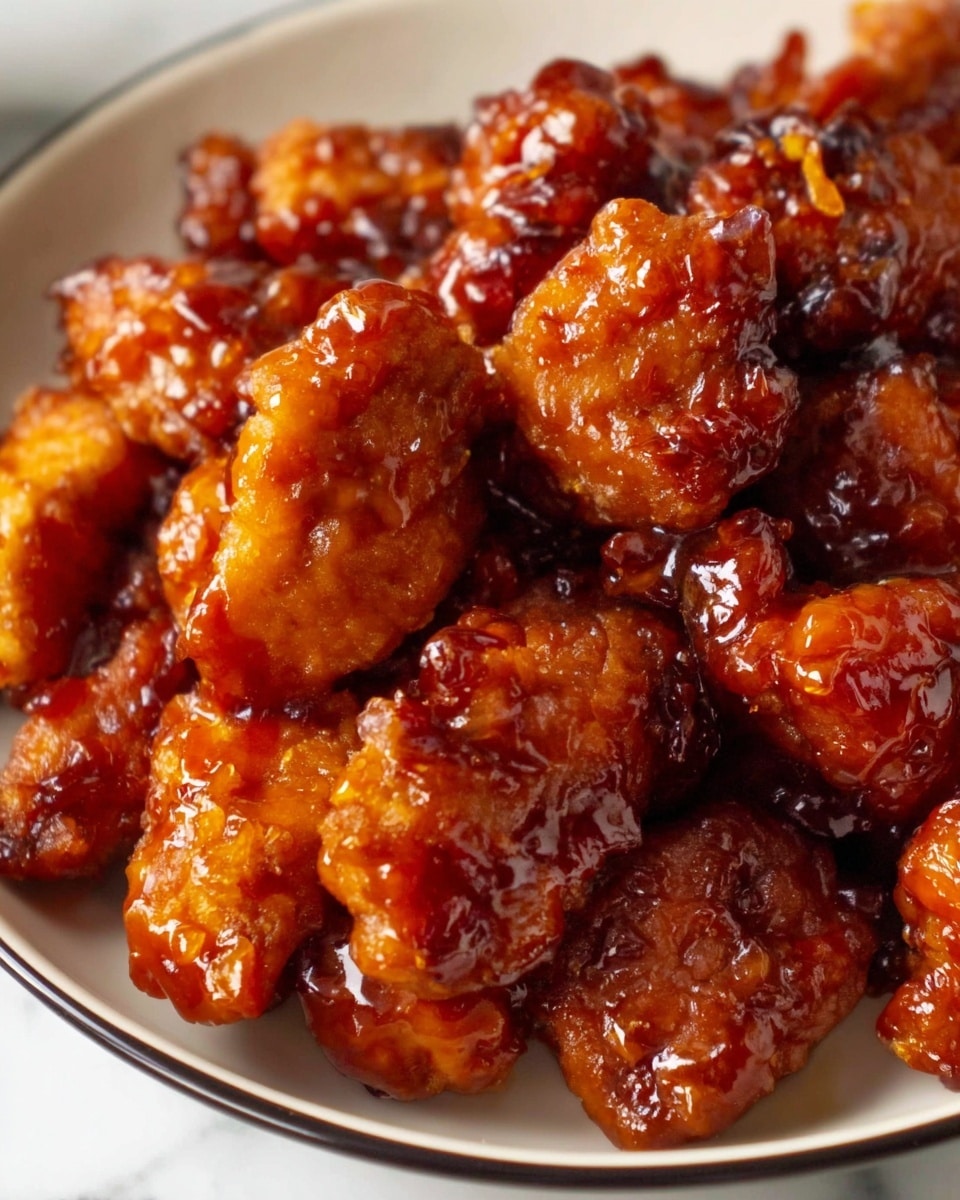 A close-up view of sticky, glazed chicken pieces piled on a white plate with a thin black rim, each piece covered in a shiny, thick sauce that looks rich and caramelized with hues of deep orange and brown, showing a textured, crispy crust beneath the glossy coating, the plate sitting on a white marbled surface just barely visible at the edge of the photo taken with an iphone --ar 4:5 --v 7