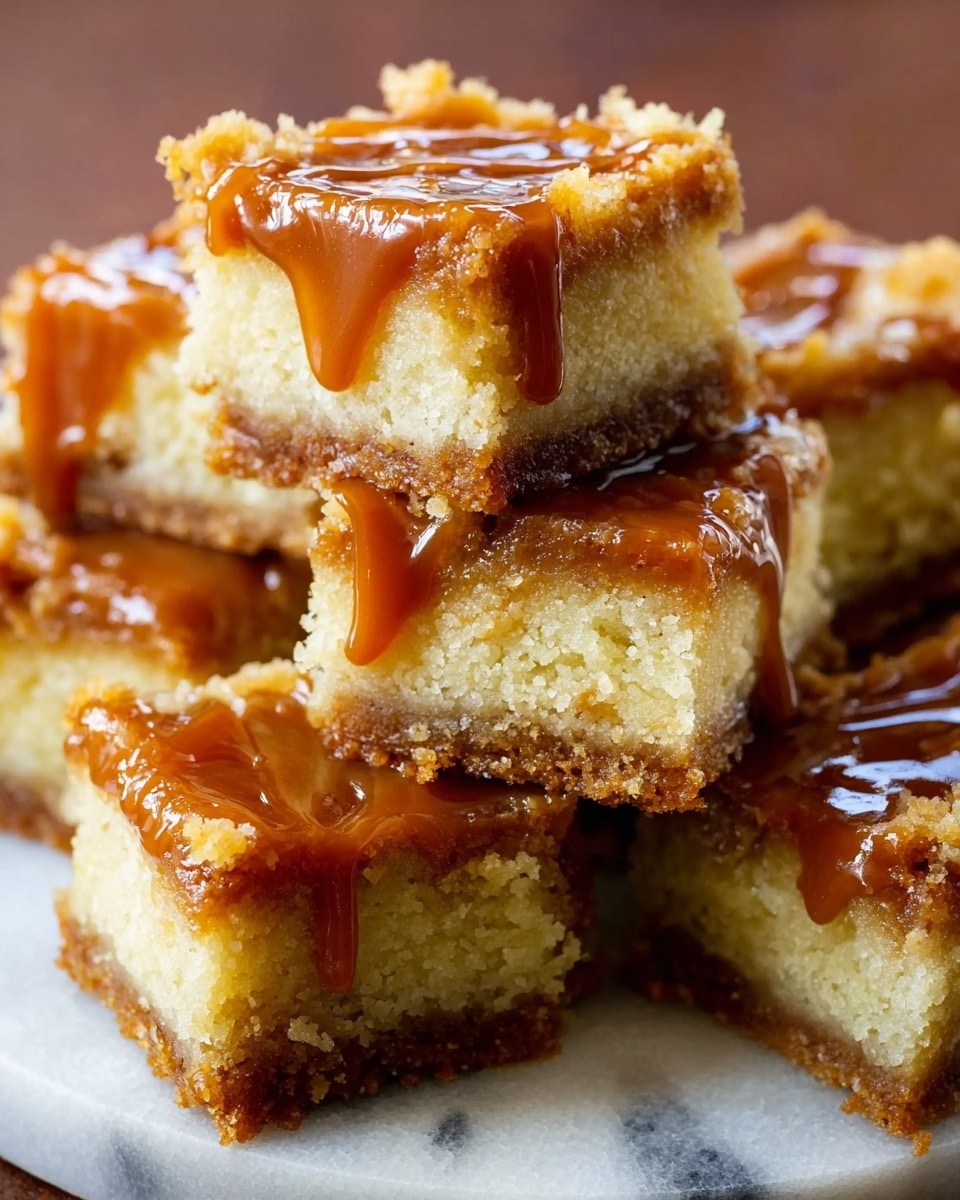 A close-up image of several square dessert bars stacked on a white marbled surface, each bar showing two clear layers: a thicker, crumbly, light yellow top layer and a thinner, dense, golden brown bottom layer. The bars are topped with a glossy, rich caramel drizzle that flows unevenly over the edges creating a shiny texture. The bars are placed on a white plate that contrasts softly with the warm tones of the dessert, highlighting the moist and sticky caramel topping and the crumbly cake layers below. Photo taken with an iphone --ar 4:5 --v 7
