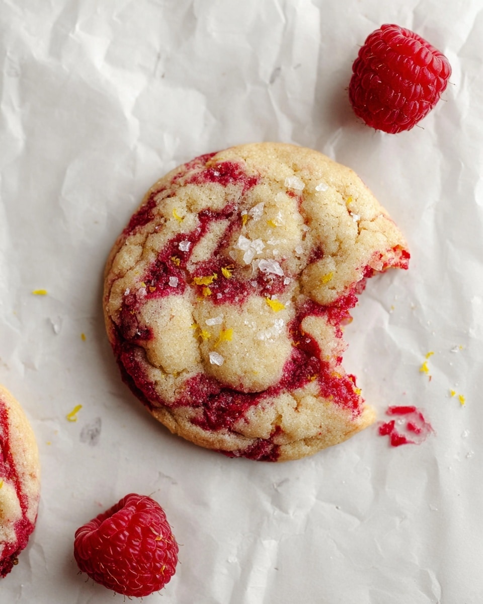 A single round raspberry cookie with a bite taken out of the top right side sits on crinkled white parchment paper over a white marbled surface. The cookie has a light golden base with swirls of crushed red raspberries creating a marbled effect throughout. On top, there are small flakes of coarse sea salt and tiny yellow lemon zest pieces. Nearby, two whole fresh raspberries sit on the parchment, one at the top and one at the bottom left, the latter leaving a slight red stain on the paper. photo taken with an iphone --ar 4:5 --v 7