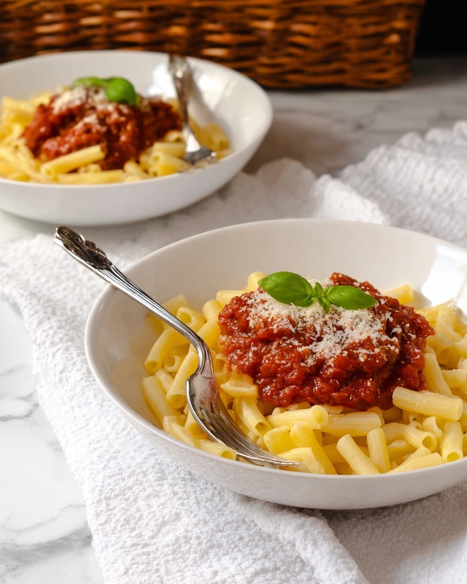 Two white deep plates each hold a serving of short tube pasta piled loosely at the bottom with a smooth yellow color. On top, there is a thick layer of red tomato sauce with bits of meat and small textures, garnished with a bright green basil leaf placed near the center. The sauce is sprinkled with finely grated white cheese, creating a light dusting over the red. Each plate has a silver fork resting inside, with the fork handles pointing outward toward the edges of the plates. The plates sit on a white marbled surface, with a soft white cloth underneath and a wicker basket blurred in the background. Photo taken with an iphone --ar 4:5 --v 7