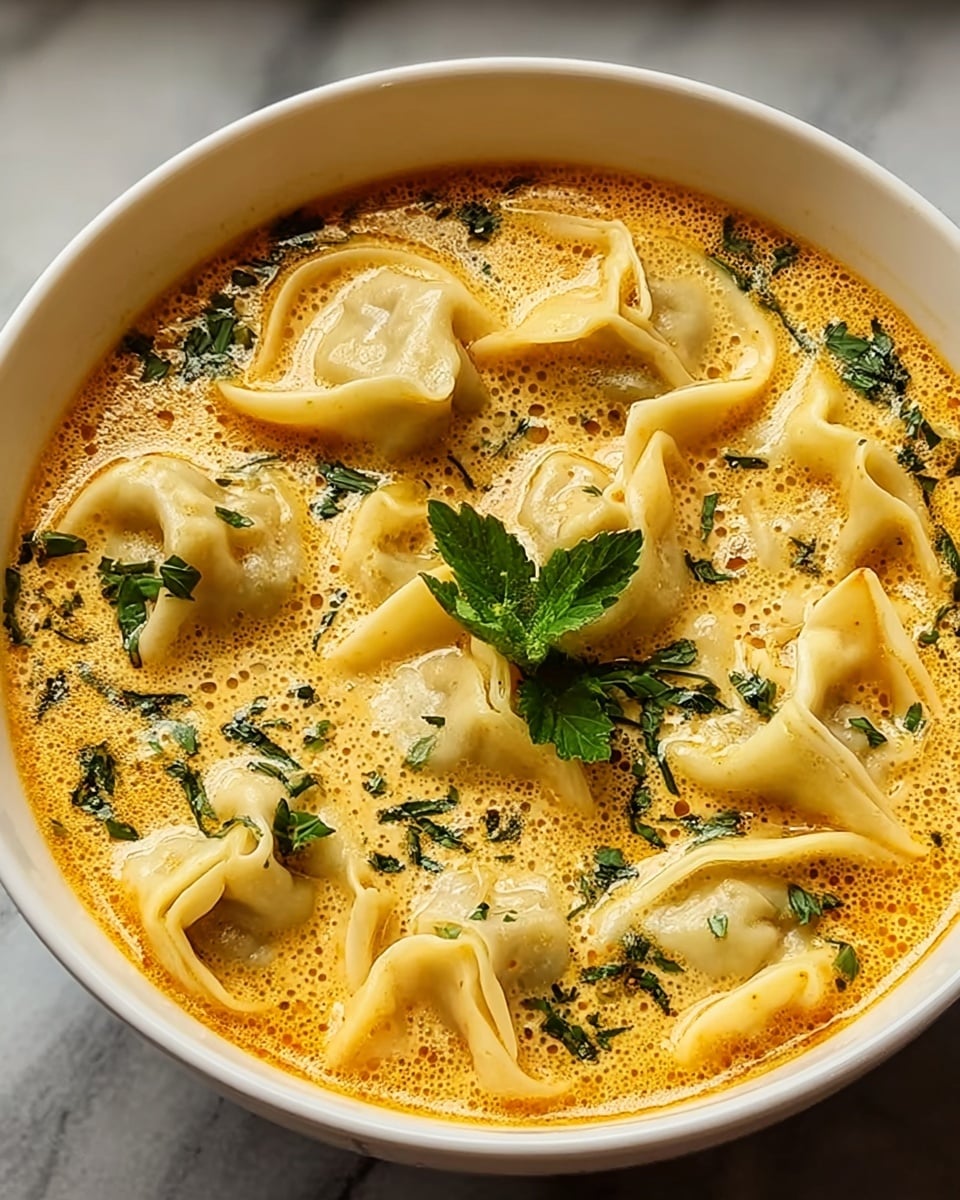 A white bowl filled with creamy orange soup that has a smooth, slightly bubbly texture on top. Inside the soup are soft, folded dumplings with light beige dough showing gentle folds and curves in varying shapes. Scattered throughout the soup are dark green chopped herbs, and a few larger leaves sit on top in the center as garnish. The bowl rests on a white marbled surface. photo taken with an iphone --ar 4:5 --v 7
