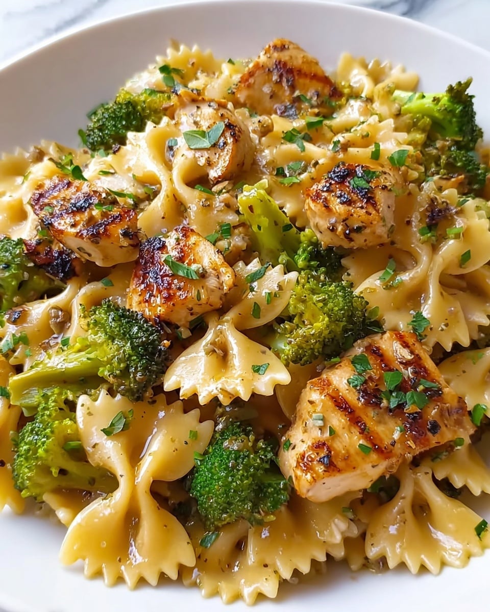 A close-up view of a white plate filled with a saucy bow-tie pasta dish mixed with small, bright green broccoli florets and pieces of grilled chicken breast. The chicken pieces are golden brown with some charred edges, scattered throughout the slightly glossy, light yellow pasta. Fresh green herb leaves are sprinkled on top, adding a fresh texture and color contrast. The food looks moist with a light sauce coating the pasta and chicken. The background is a white marbled surface. photo taken with an iphone --ar 4:5 --v 7