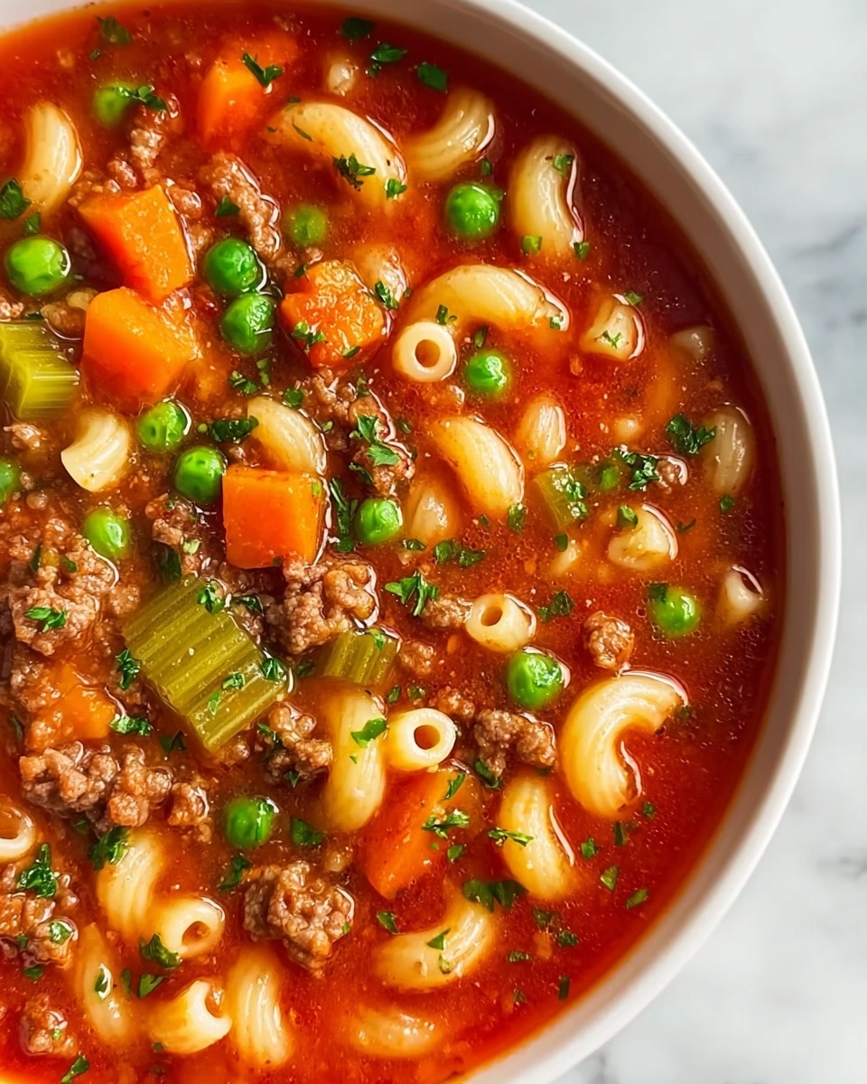 A close-up view of a bowl filled with bright red tomato-based soup containing three layers of ingredients: the top layer shows small green peas and finely chopped green herbs scattered across; the middle layer has orange carrot cubes and pale green celery pieces; the bottom layer contains light beige elbow macaroni pasta and small chunks of browned ground meat all floating in the rich red broth. The bowl is white and the background is a white marbled texture. photo taken with an iphone --ar 4:5 --v 7