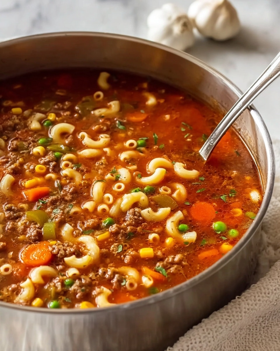 A close-up view of a large steel pot filled with a chunky soup featuring three main layers: the top layer has a reddish-brown broth with visible tiny green herb bits; scattered across the soup are creamy white elbow macaroni pieces forming the second layer; within the liquid are small cubes of bright orange carrots, bits of ground beef, yellow corn kernels, green peas, and pale celery pieces adding texture and color throughout; a metal spoon is partially submerged in the soup near the back right side of the pot; the pot sits on a white marbled surface with a white textured cloth partially visible in the lower left corner; two garlic bulbs are blurred in the background near the top left corner; photo taken with an iphone --ar 4:5 --v 7