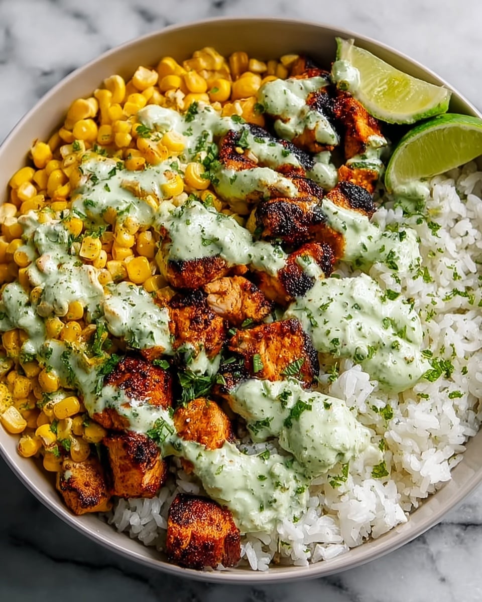 A white bowl filled with steamed white rice on one side, bright yellow corn kernels on the other side, and a line of grilled, browned chicken pieces coated with spices in the middle. Over the chicken and corn, there is a creamy green sauce drizzled with a thick texture. Small green herb pieces are sprinkled on top, and there is a lime wedge placed at the edge of the bowl. The bowl sits on a white marbled surface photo taken with an iphone --ar 4:5 --v 7