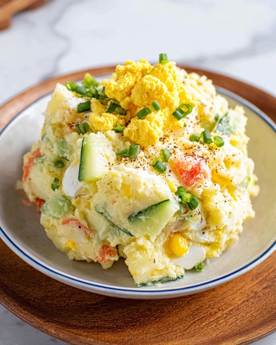 A rounded mound of creamy yellow potato salad is served in a white bowl with a subtle blue rim, sitting on a wooden plate. The salad contains visible chunks of white boiled egg bits, bright orange carrot pieces, yellow corn, and slices of green cucumber, with finely chopped green onions sprinkled throughout. On top of the mound is a small heap of crumbled yellow egg yolk, lightly dusted with black pepper. The background features a white marbled texture. photo taken with an iphone --ar 4:5 --v 7