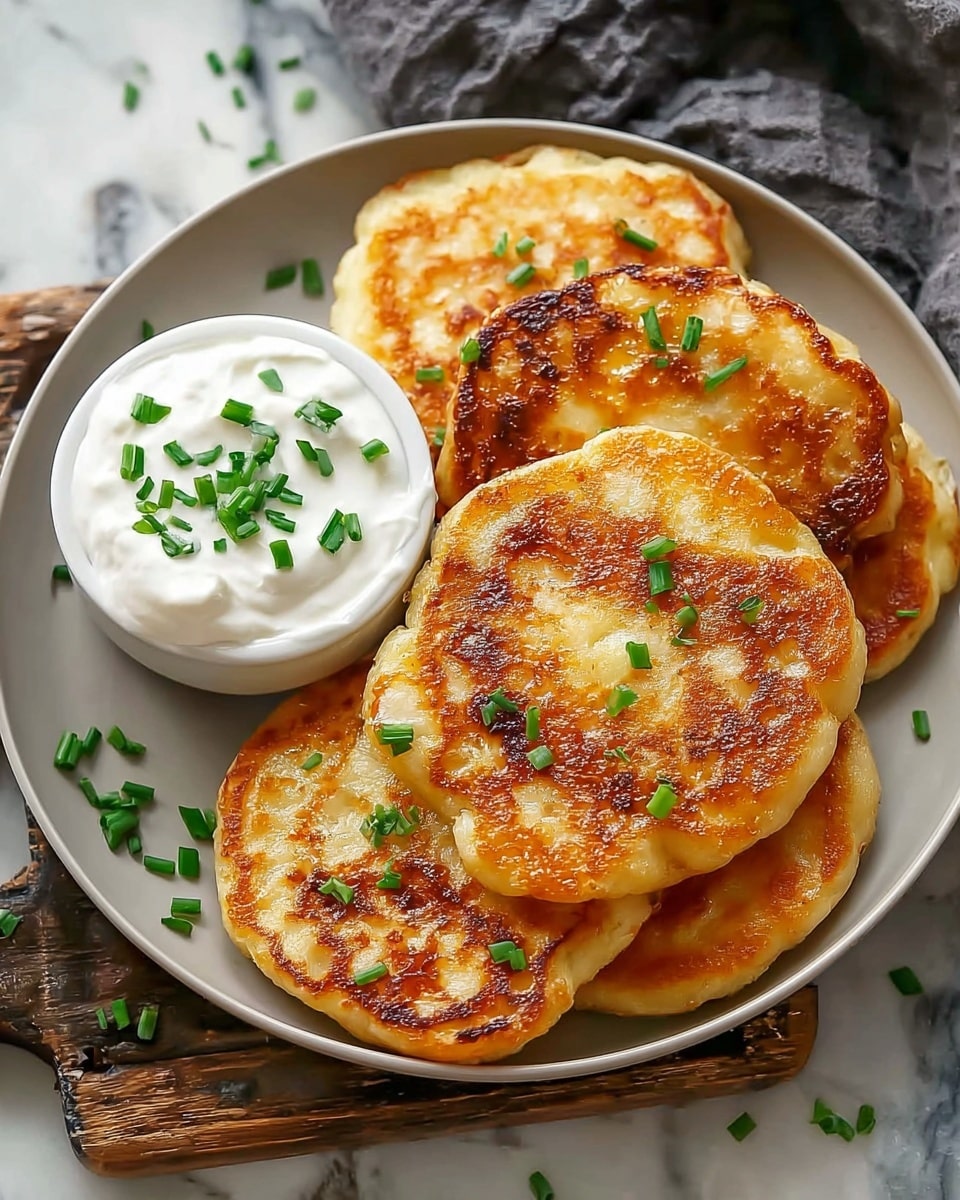 The image shows four golden brown cheese pancakes with crispy edges arranged on a round white plate. On the left side of the plate, there is a small white bowl filled with white sour cream topped with chopped green chives. The pancakes have a slightly textured surface with some darker browned spots and are garnished with small green chives scattered on top. The plate is set on a white marbled surface with a rustic wooden board underneath and a grey cloth in the background. photo taken with an iphone --ar 4:5 --v 7