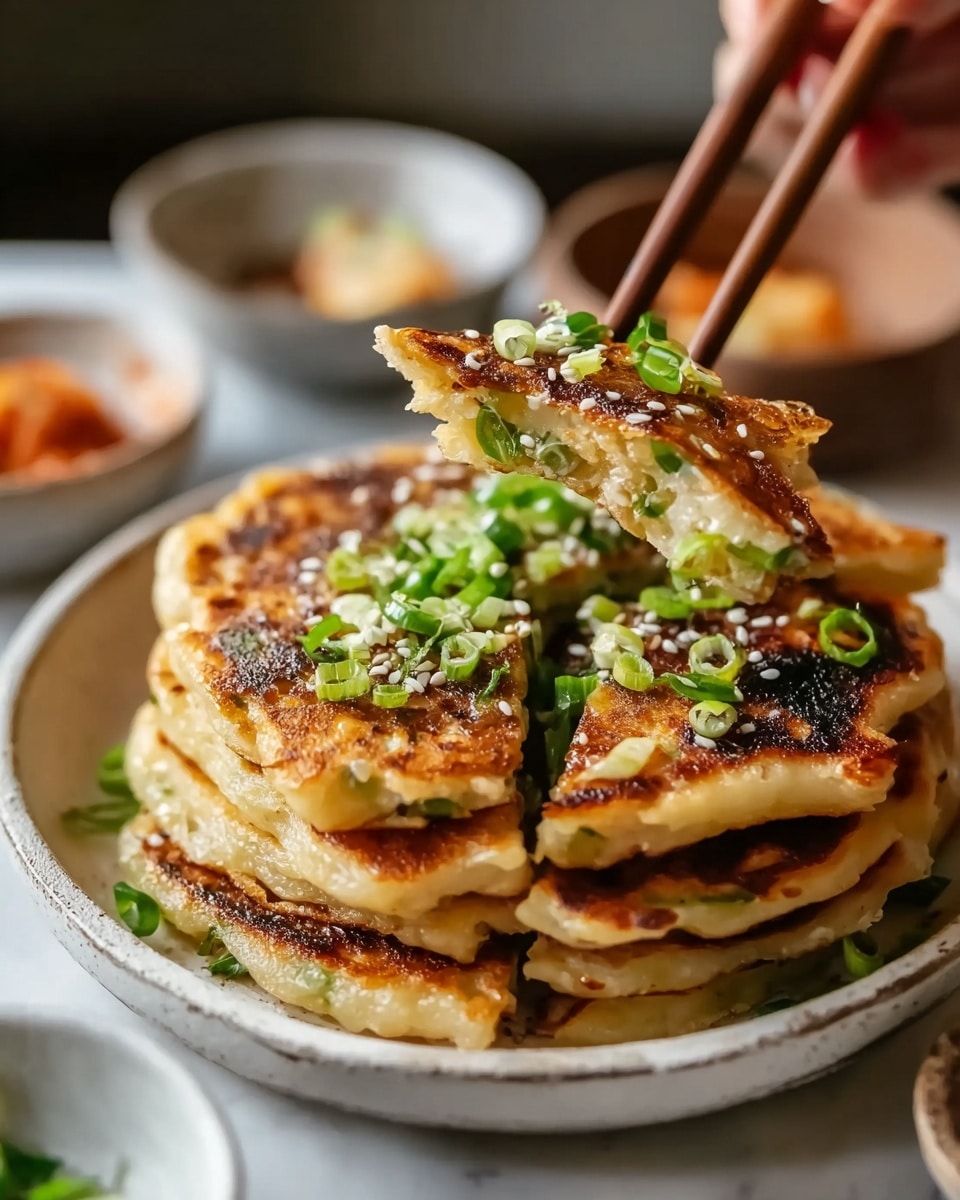 A stack of golden brown pancakes cut into triangle slices, arranged on a white plate with a slightly crispy texture visible on the edges and some darker spots showing light charring. The pancakes have small green onion pieces inside and are topped with fresh chopped green onions and a sprinkle of white sesame seeds, adding a bright green and white contrast on top. A pair of brown chopsticks held by a woman's hand is lifting one triangular slice, showing the soft, fluffy inner texture with bits of green onion. The plate sits on a white marbled surface with blurred bowls of side dishes in the background. photo taken with an iphone --ar 4:5 --v 7