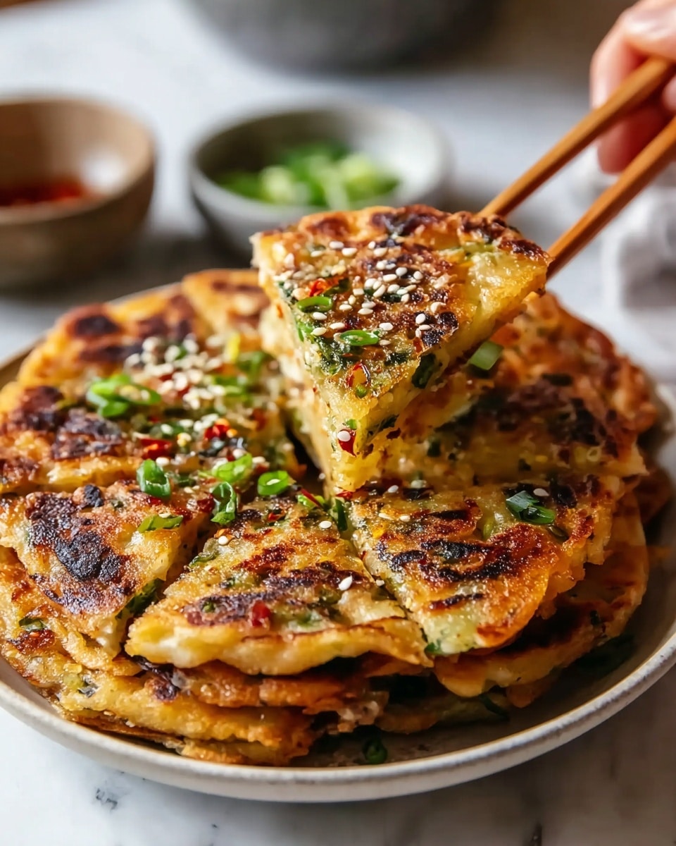 A round stack of golden brown Korean pancakes sits on a white plate, cut into eight triangular pieces. Each pancake layer shows a slightly crispy and uneven texture with dark brown, almost burnt, spots and a mix of green bits from chopped scallions and red specks from chili flakes. The top layer is sprinkled with white sesame seeds and finely chopped green onions. A pair of wooden chopsticks held by a woman's hand is lifting one piece of pancake, showing its light, fluffy inside. The background is softly blurred with a white marbled texture surface. Photo taken with an iphone --ar 4:5 --v 7