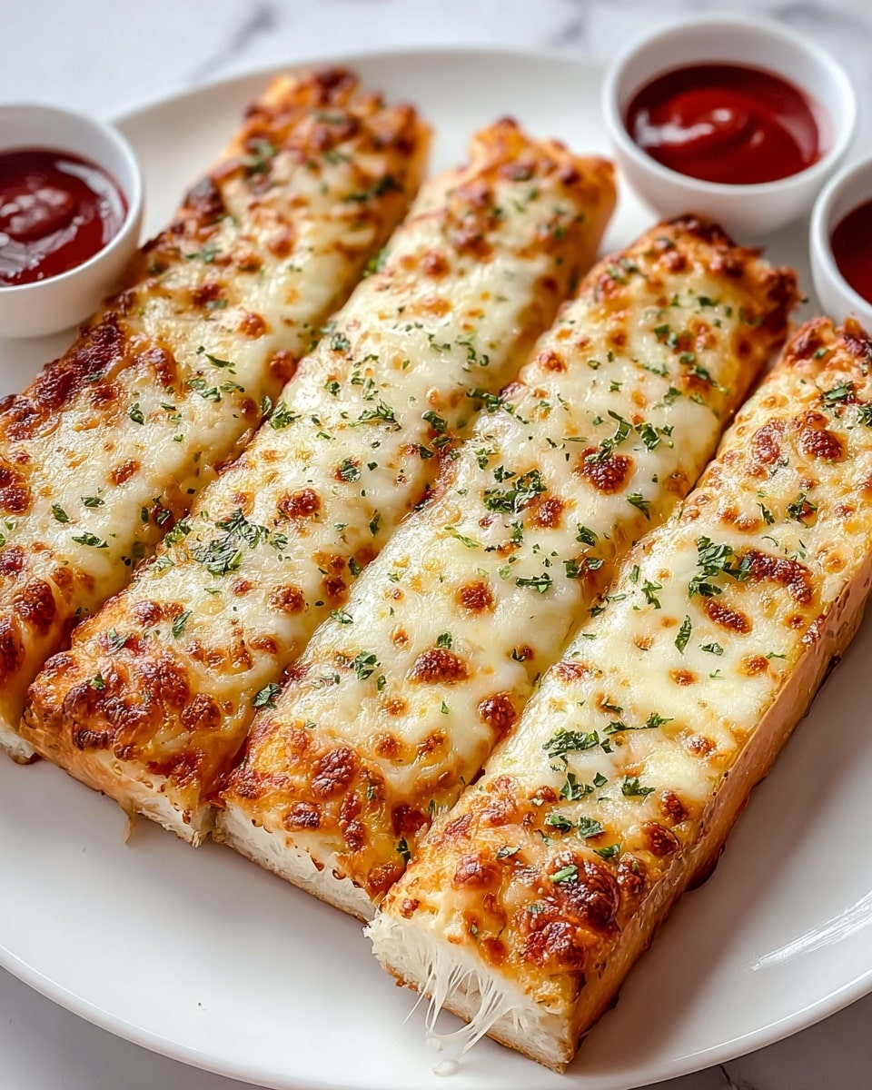 Four long, rectangular breadsticks with a light golden crust lie side by side on a white plate. Each breadstick has a thick layer of melted, bubbly cheese that is golden brown in some spots and sprinkled with green herbs on top. A thin, slightly visible layer of red tomato sauce peeks out under the cheese near the edges. In the background, there are two small white bowls filled with red dipping sauce. The surface beneath the plate is a white marbled texture. Photo taken with an iphone --ar 4:5 --v 7