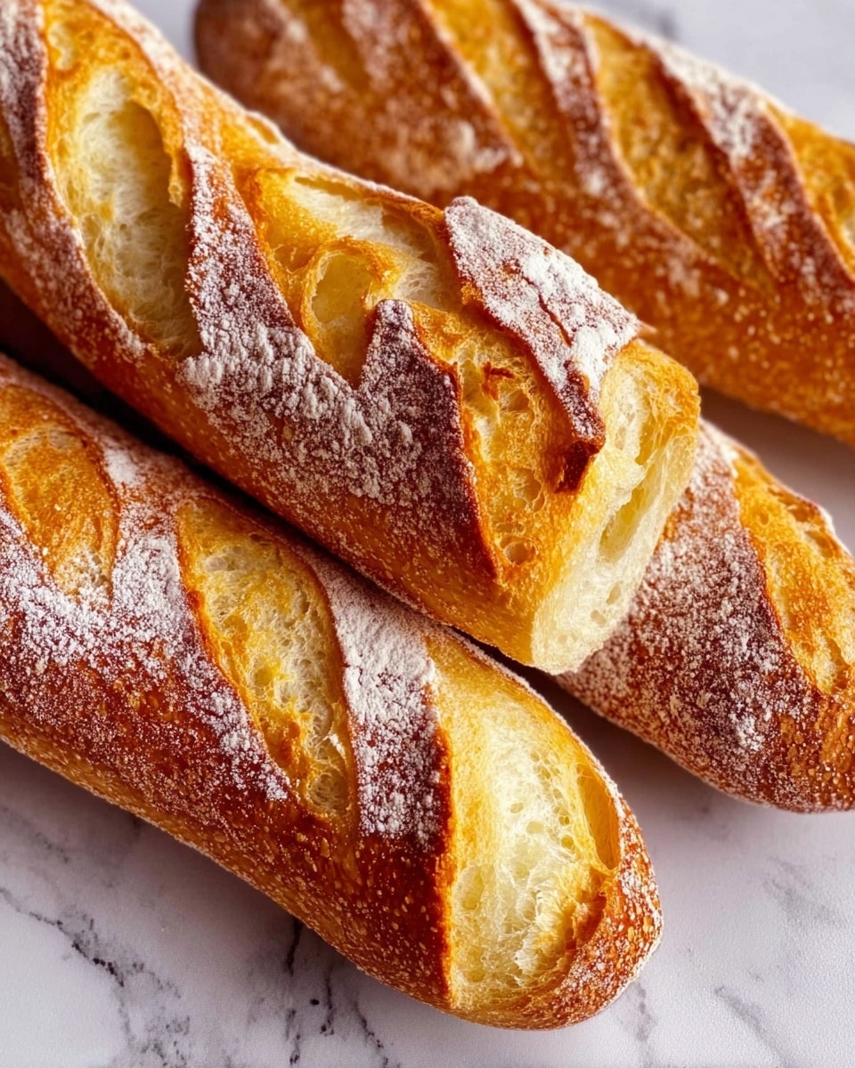 The image shows three golden-brown baguettes with a crunchy crust. Each baguette has four diagonal cuts on top, exposing the soft, light-yellow inside with a fluffy texture and small air pockets. The crust is lightly dusted with white flour, giving a rustic look. These baguettes are placed closely together on a white marbled surface with a clean and fresh appearance. photo taken with an iphone --ar 4:5 --v 7