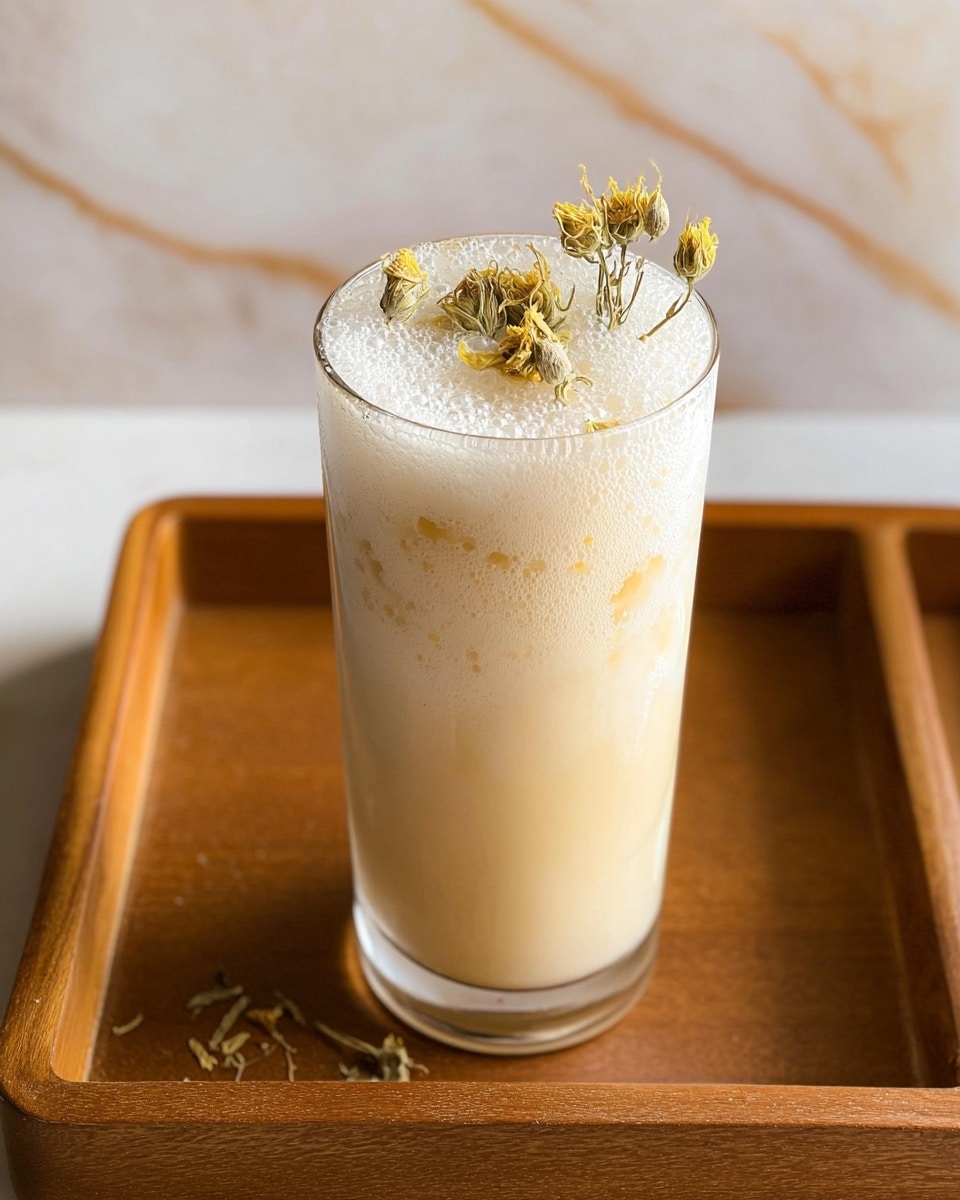 A tall clear glass holds a creamy light beige drink with a frothy, bubbly layer on top. The foam is thick and airy, covering the whole surface. On the foam, a small bunch of dried yellow and brown flowers rests gently as decoration. The glass sits on a wooden tray with a warm brown tone, with the edges of the tray slightly raised. The background is a white marbled texture. photo taken with an iphone --ar 4:5 --v 7