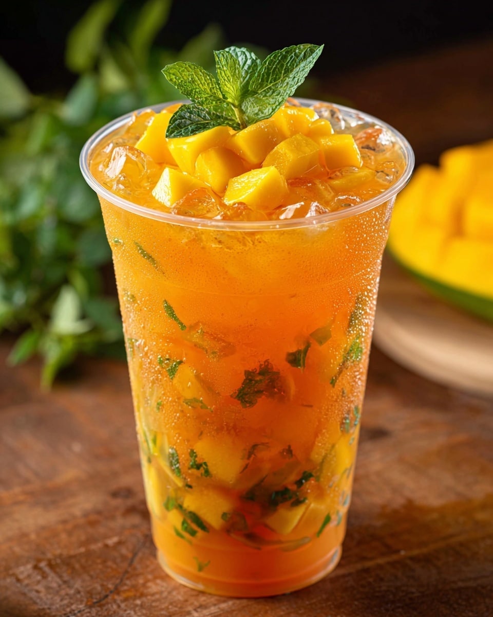 A tall clear plastic cup filled with an orange mango drink containing many ice cubes and small green mint leaves mixed inside. On top, there are bright yellow mango chunks piled high with a fresh green mint sprig as the garnish. The cup sits on a wooden surface with a slightly blurred sliced mango and greenery in the background. The drink looks cold and refreshing, with condensation on the cup visible. photo taken with an iphone --ar 4:5 --v 7