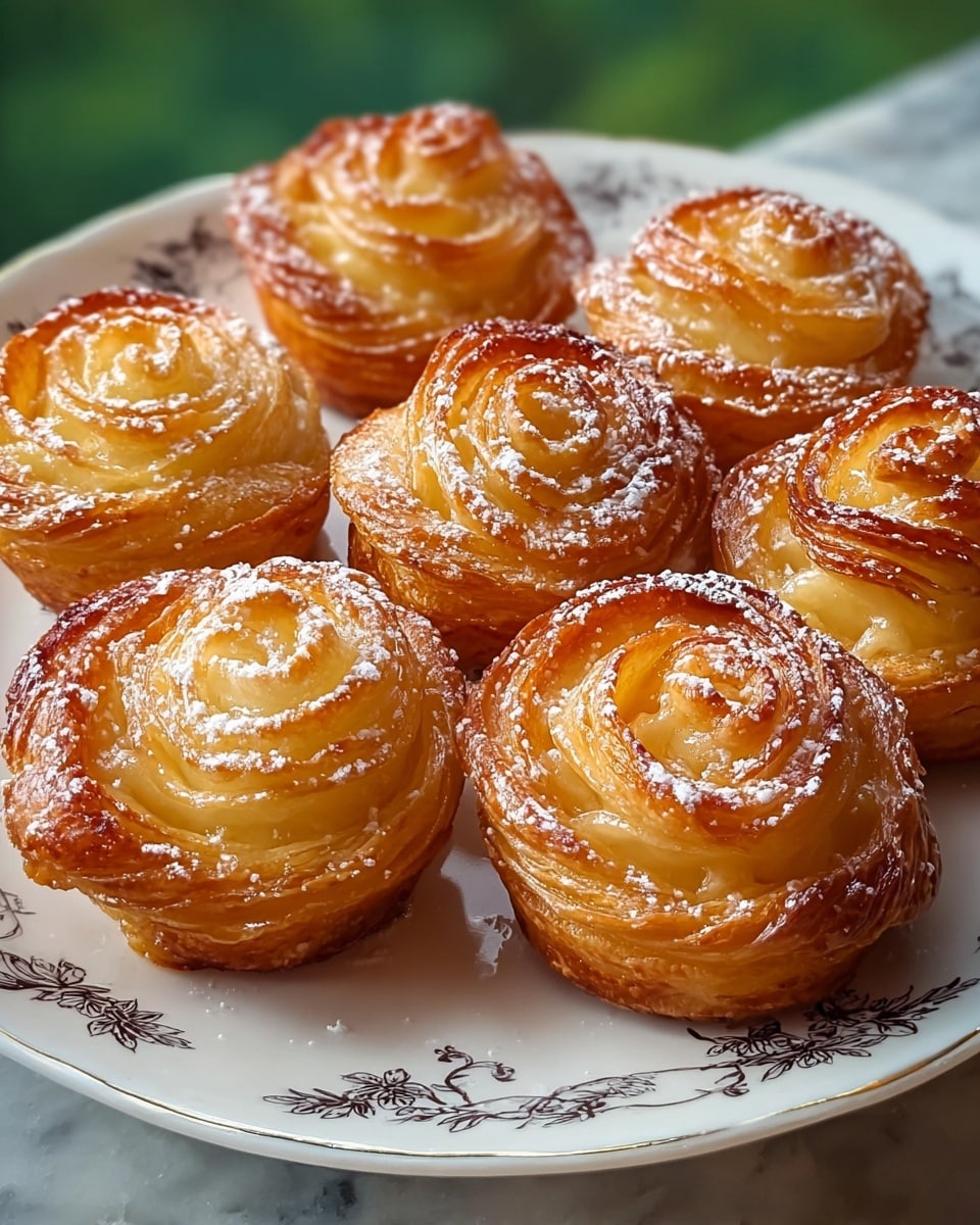 The image shows four small pastries shaped like roses, stacked closely together on a round white plate with a subtle speckled pattern. Each pastry has multiple layers of thin, golden-brown dough with glossy, caramelized edges that enhance the rose petal effect. The layers swirl inward to form a delicate, almost translucent center with a shiny glaze that gives a slightly sticky look. The background is a blurred white marbled texture with soft natural light highlighting the warm tones and flaky texture of the pastries. photo taken with an iphone --ar 4:5 --v 7