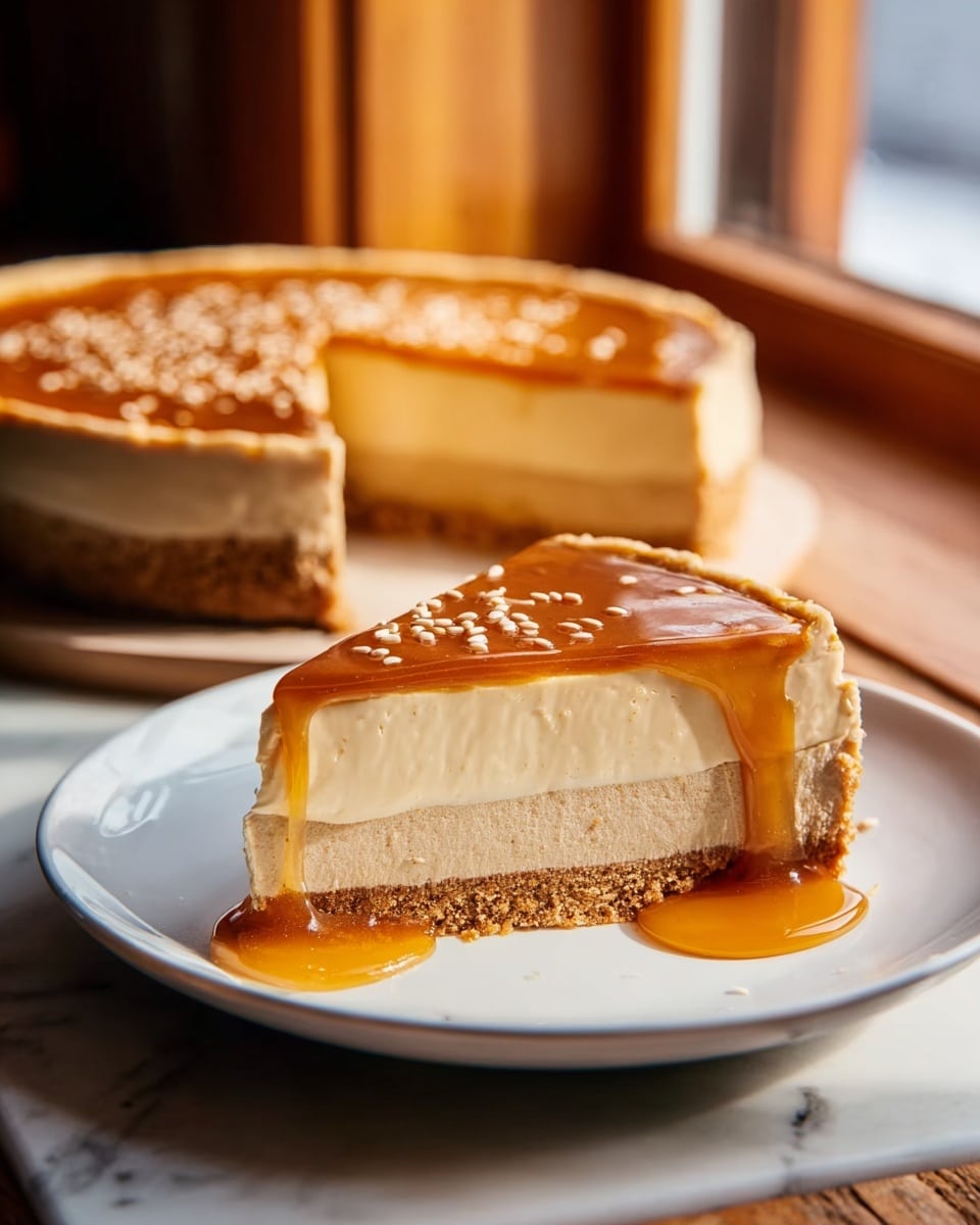 A slice of creamy beige cheesecake sits on a white plate, topped with a shiny layer of golden honey dripping slightly down the side and garnished with sprinkled white seeds. The cheesecake has a firm, light brown crust at the bottom and thick, smooth filling in the middle. In the background, the rest of the round cheesecake is visible on another white plate, showing the same creamy filling and crust, with a ring of white seeds decorating the top edge. The scene is set on a wooden surface near a window with warm sunlight shining in, all placed on a white marbled texture. Photo taken with an iphone --ar 4:5 --v 7