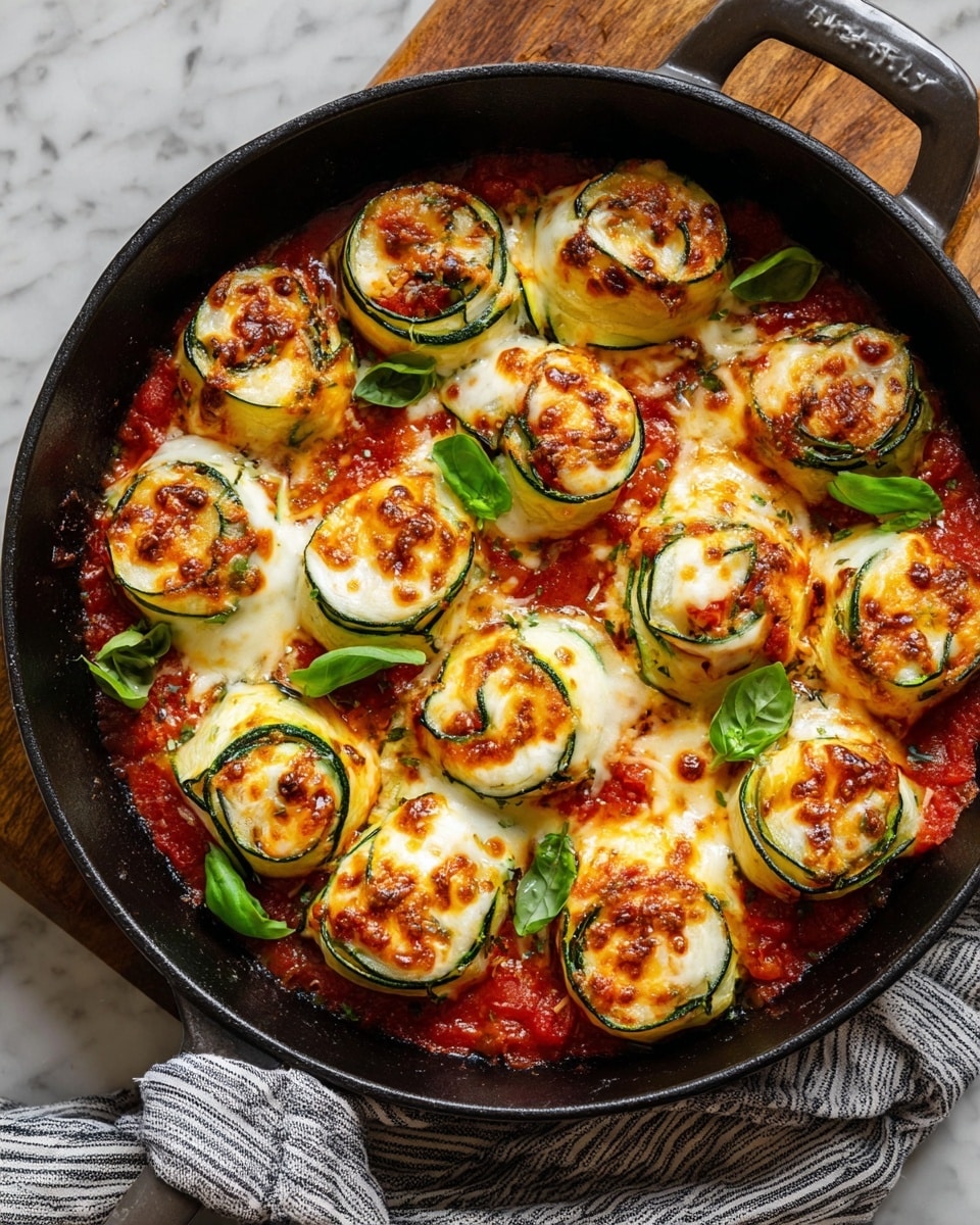 The image shows a black cast iron skillet filled with twelve zucchini roll-ups arranged in a circular pattern. Each roll-up has a thin green zucchini outer layer wrapped around a creamy white cheese filling, topped with bright red tomato sauce and golden brown, bubbly melted cheese. There are small green fresh basil leaves scattered on top, adding a touch of color. The skillet rests on a wooden board with a gray and white striped cloth partially visible beneath it, all set against a white marbled textured surface. The overall look is rich, colorful, and inviting. photo taken with an iphone --ar 4:5 --v 7