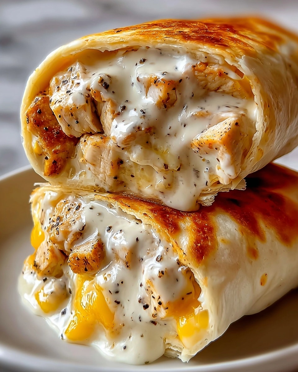 A close-up shot of a stuffed wrap cut in half, placed in a white plate on a white marbled surface. The wrap has a golden, slightly crispy outer layer. Inside, there are two main layers: a creamy white sauce with visible black pepper flakes coating tender, small pieces of browned chicken, and beneath that, a rich, melted yellow cheese layer that slightly oozes out. The textures contrast between the smooth sauce, juicy chicken chunks, soft melted cheese, and the delicate wrap shell. Photo taken with an iphone --ar 4:5 --v 7
