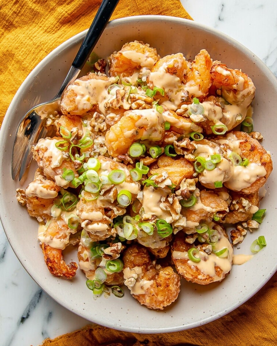 The image shows a white bowl filled with crispy fried shrimp coated in a light golden batter. The shrimp are generously drizzled with a creamy, light beige sauce and topped with small chopped green onions. Scattered throughout the bowl are small pieces of walnuts, adding texture and color contrast. A silver spoon with a black handle rests inside the bowl on the left side. The bowl is on a surface with a white marbled texture, and a mustard yellow cloth is partially visible under the bowl's lower left side. Photo taken with an iphone --ar 4:5 --v 7