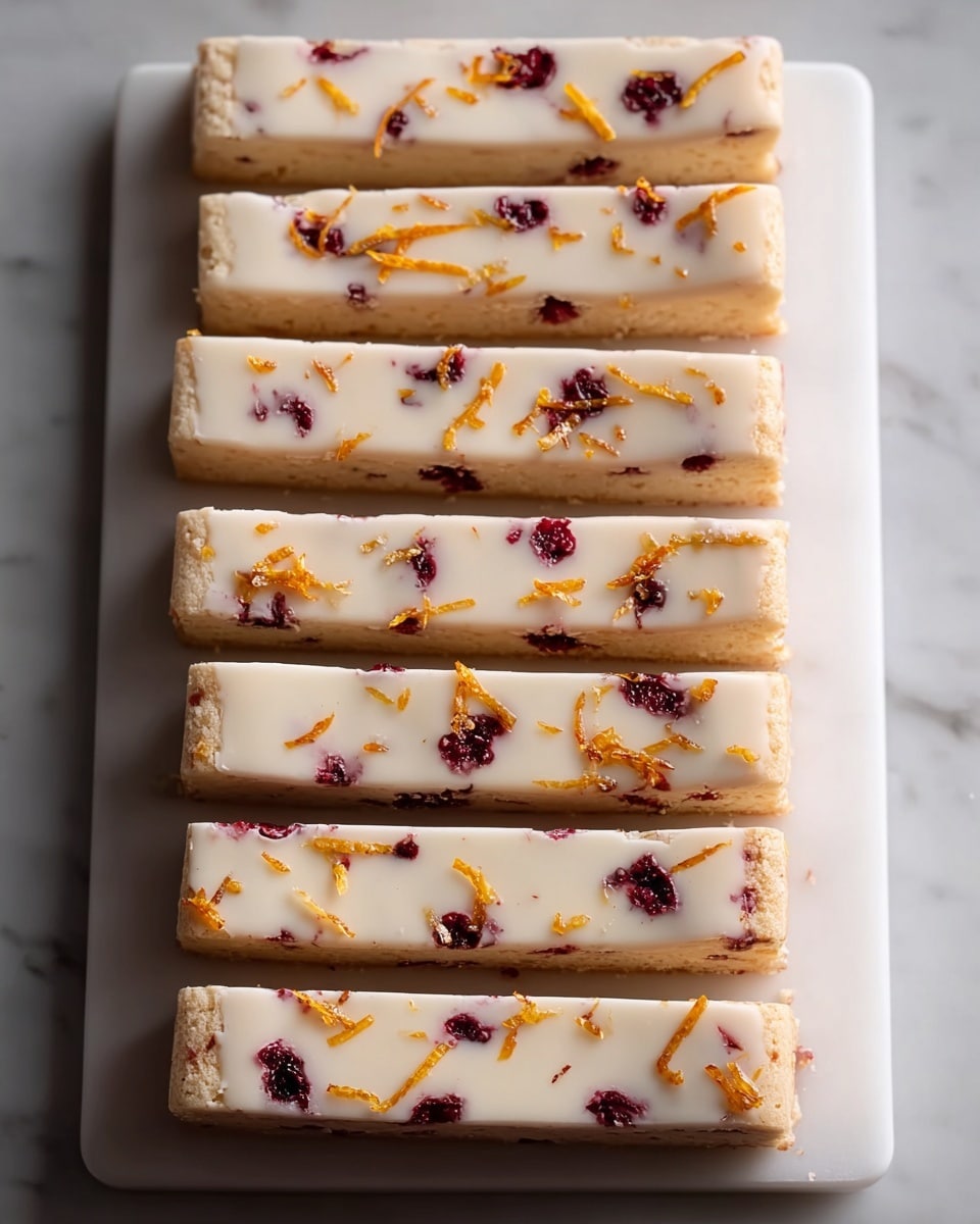 Seven long rectangular bars are lined up closely on a white rectangular board, each bar showing a light beige base with small dark red berries embedded all through the bottom layer. The top layer is smooth and glossy white icing that has thin strips of bright orange zest scattered evenly across each bar, creating a colorful contrast. The bars have clean straight edges and a firm texture, set against a white marbled surface that highlights their delicate look. photo taken with an iphone --ar 4:5 --v 7