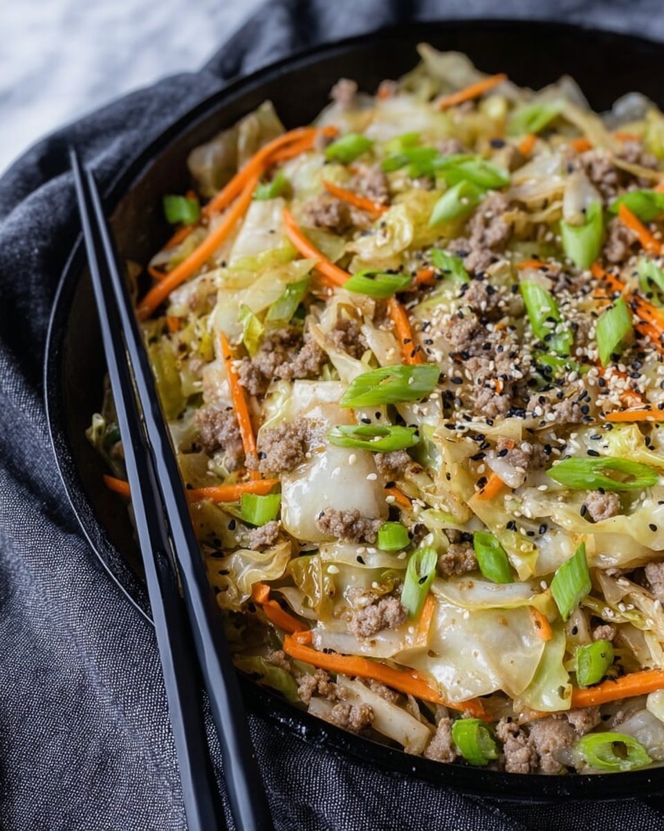 A close-up image of a black cast iron skillet filled with a stir-fry dish. The dish has roughly three layers: the bottom layer consists of chopped, cooked cabbage with a pale green and white color; the middle layer has small crumbles of cooked ground meat in light brown shades mixed throughout; the top layer includes thin strips of orange carrot, bright green sliced scallions, and sprinkled white sesame seeds. The dish is lightly peppered with black pepper, visible on the surface. Black chopsticks rest on the skillet’s edge to the left, and the skillet is placed on a white marbled textured surface with a dark gray cloth beneath. Photo taken with an iphone --ar 4:5 --v 7