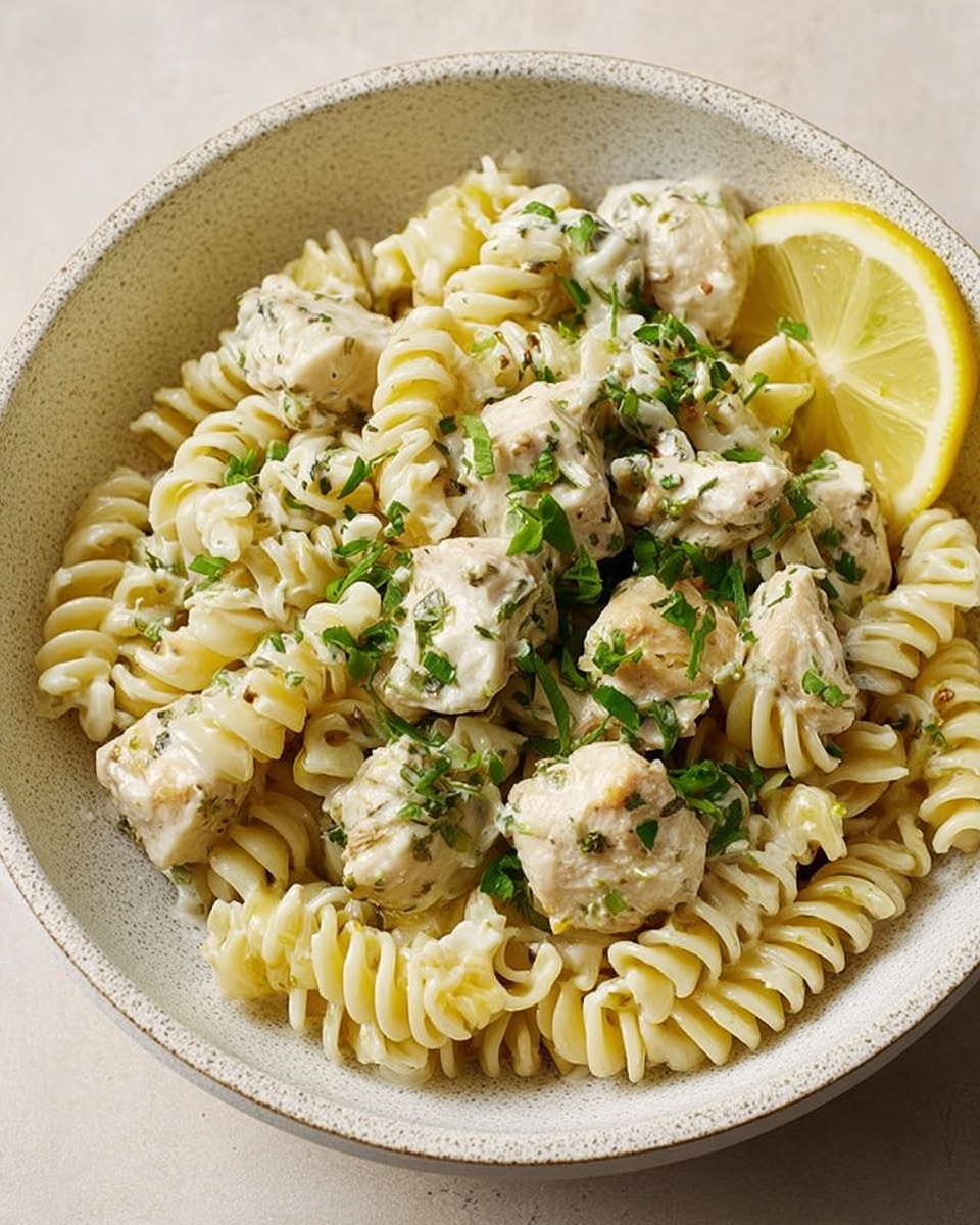 A bowl of creamy pasta with three layers visible: the bottom layer is a white marbled textured bowl, filled with pale yellow rotini pasta spirals mixed with creamy white sauce; the middle layer shows tender chunks of white chicken pieces coated in the sauce scattered evenly among the pasta; the top layer includes bright green chopped herbs sprinkled across the dish and a thin lemon slice resting on the side near the edge of the bowl. photo taken with an iphone --ar 4:5 --v 7