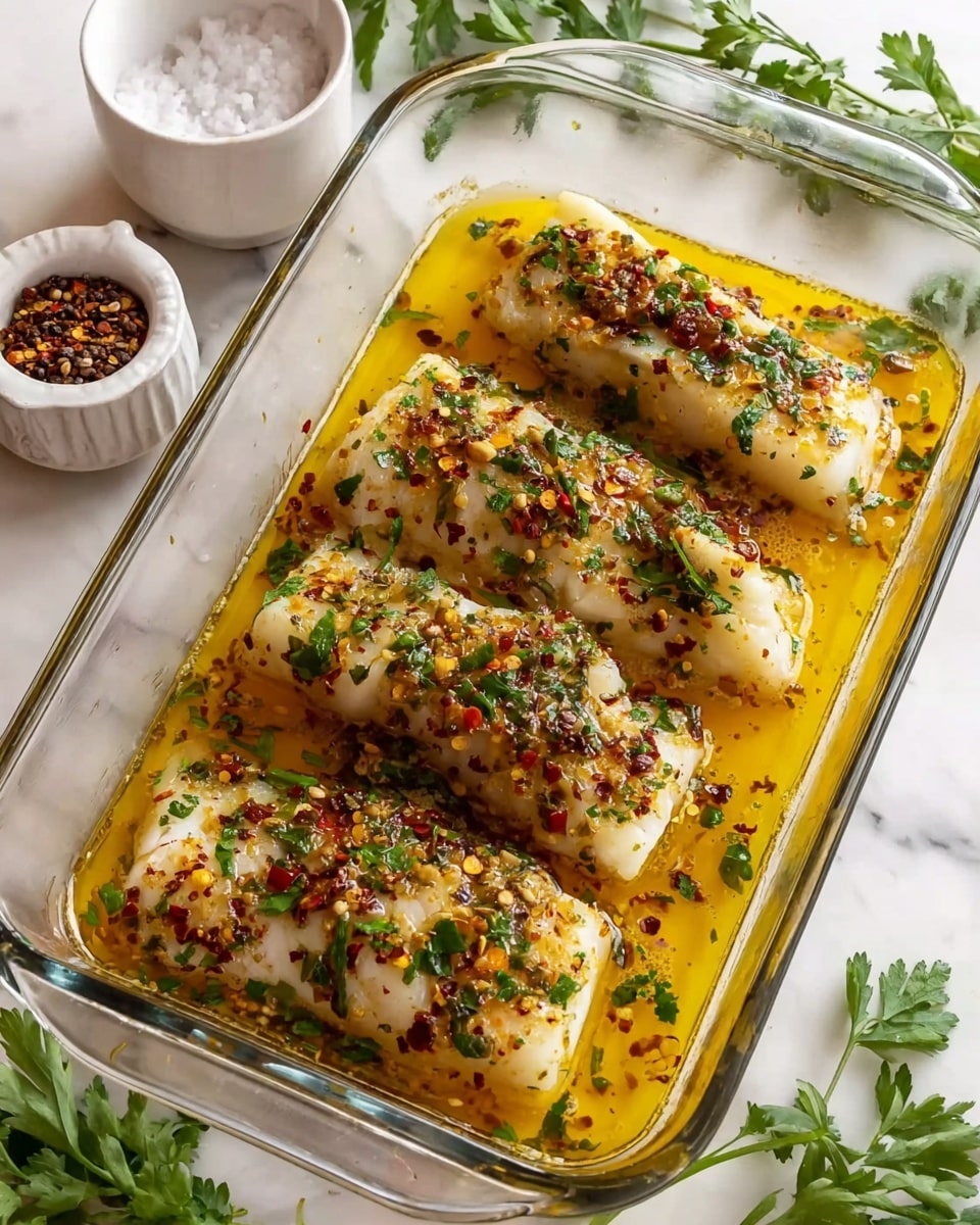 A clear glass baking dish holds four thick white fish fillets, each topped with a mix of finely chopped green herbs, red pepper flakes, and small bits of garlic. The fillets sit in a bright yellow, oily sauce that fills the bottom of the dish. The dish is placed on a white marbled surface with a small white bowl of crushed peppercorns and a white salt shaker nearby, along with some fresh green parsley sprigs scattered around. photo taken with an iphone --ar 4:5 --v 7