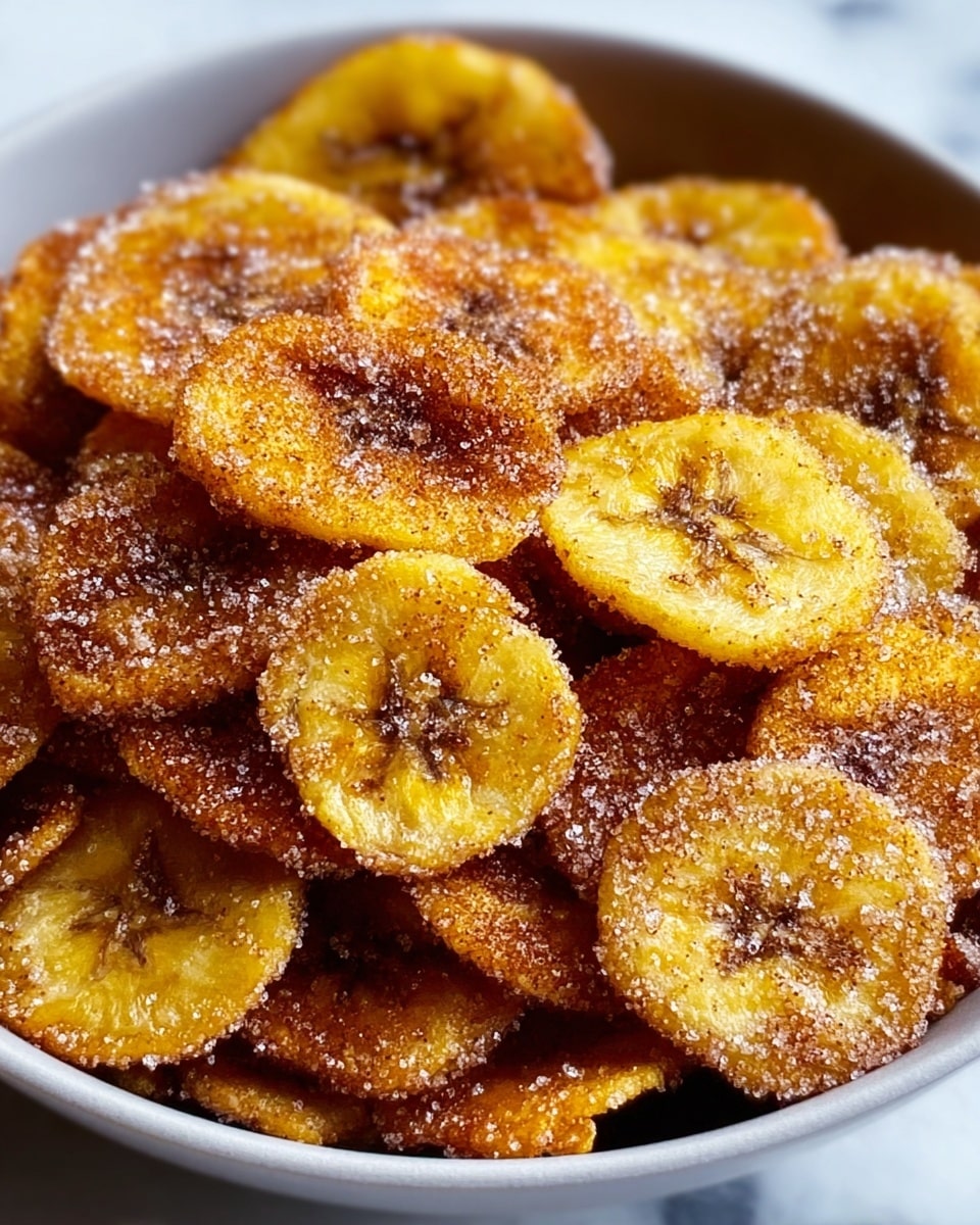 A close-up view of a pile of thin, round plantain chips stacked in a white bowl. Each chip is golden yellow with a slightly darker, caramelized center showing the natural pattern of the plantain slices. The chips have a crispy, rough texture covered evenly with a layer of brown cinnamon sugar specks and white granulated sugar, giving them a sparkling look. The chips overlap each other, creating depth and a sense of abundance on a white marbled surface. Photo taken with an iphone --ar 4:5 --v 7