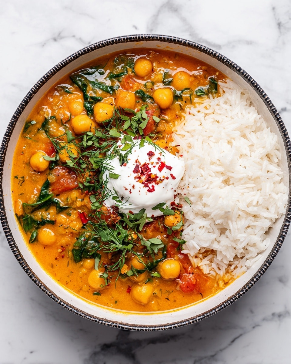 A bowl with two main layers fills the frame, the left side showing a thick orange stew with visible small chickpeas, medium-sized orange chunks, and green leafy herbs scattered on top, giving a fresh look. There is a small dollop of white cream in the center of the stew with tiny red flakes sprinkled over it for texture and color contrast. On the right side of the bowl, plain white rice is neatly placed, its grainy texture clear and fluffy. The bowl is white with a dark textured rim, and it sits on a white marbled surface. photo taken with an iphone --ar 4:5 --v 7