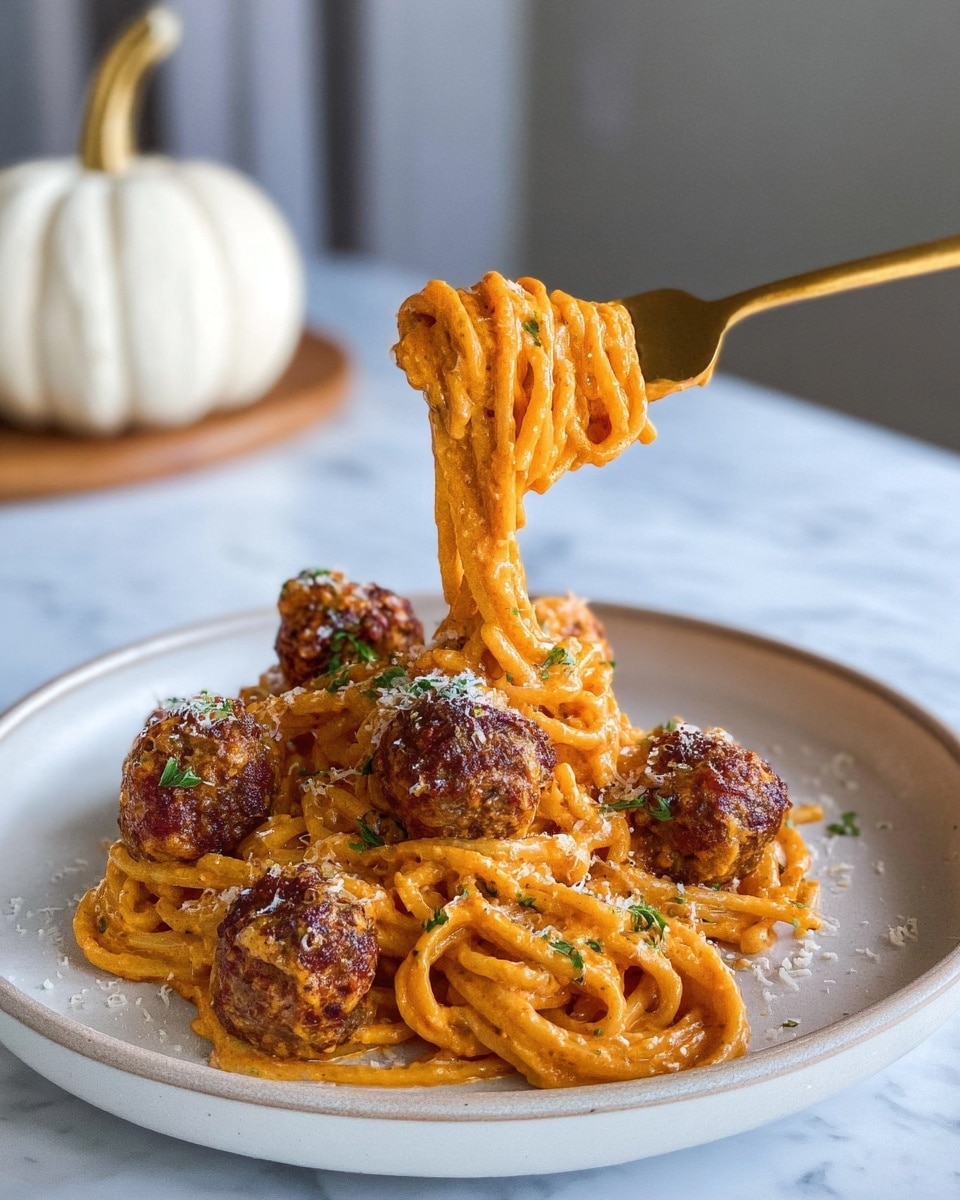 A pile of spaghetti coated in creamy orange sauce sits in the center of a white plate, topped and surrounded by five browned meatballs with a crispy texture; small green parsley flakes and a light sprinkle of grated cheese add detail on and around the pasta. A golden fork lifts a small twisted bundle of spaghetti with one meatball, showing the sauce's thick, smooth texture while the background features a white marbled surface and a white ceramic pumpkin. Photo taken with an iphone --ar 4:5 --v 7