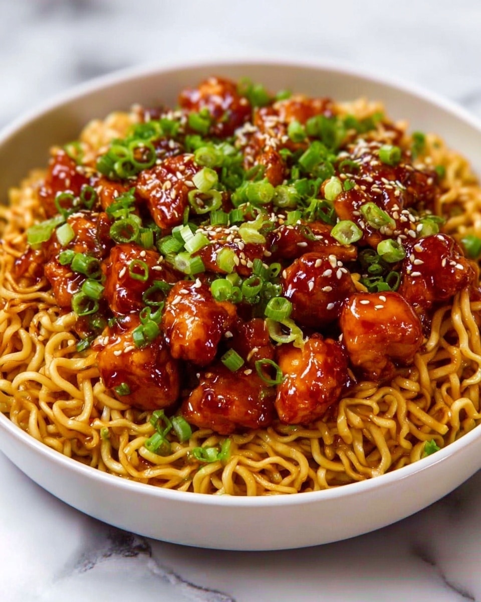 A white bowl filled with a large serving of golden-brown noodles at the bottom, covered with bite-sized pieces of glazed chicken that have a shiny, reddish-brown sauce. On top, there are chopped bright green spring onions scattered all over, along with small sesame seeds sprinkled lightly. The noodles appear slightly twisted and shiny from the sauce, and the chicken pieces look tender and glazed. The bowl sits on a white marbled surface. Photo taken with an iphone --ar 4:5 --v 7