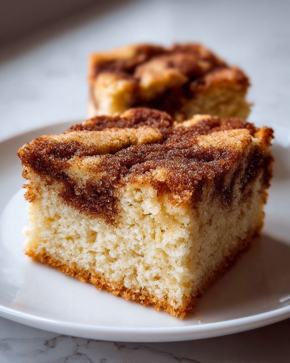 Two square pieces of cake sit on a white plate over a white marbled texture. Each piece shows three visible layers: a light beige, soft, spongy cake base and middle layer with a coarse, crumbly texture, and a dark brown cinnamon swirl layer on top with a slightly crisp, sugary surface. The cinnamon layer has uneven spots of deeper brown with rough, sugary textures. The front piece is in clear focus, showing the fine crumb structure of the cake and the textured cinnamon topping, while the back piece is slightly blurred. Photo taken with an iphone --ar 4:5 --v 7