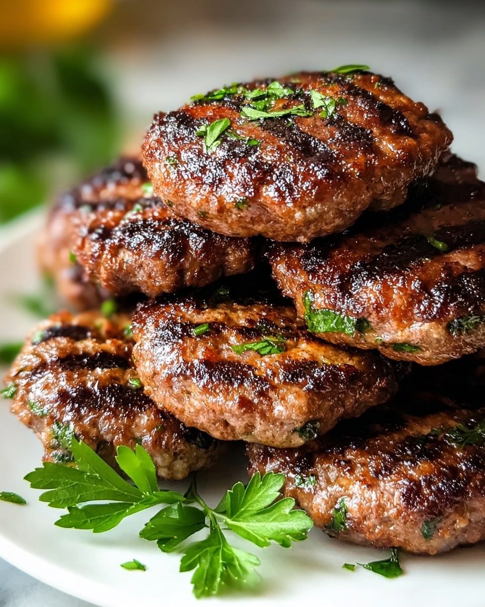 The image shows a close-up of a stack of grilled meat patties arranged in two layers on a white plate. The patties have a rich brown, charred exterior with visible grill marks and small green herb pieces embedded within the meat, giving a fresh and juicy look. Bright green parsley leaves are scattered on and around the patties, adding a fresh touch and contrast to the brown color. The white plate rests on a white marbled surface, softly reflecting the light. Photo taken with an iphone --ar 4:5 --v 7