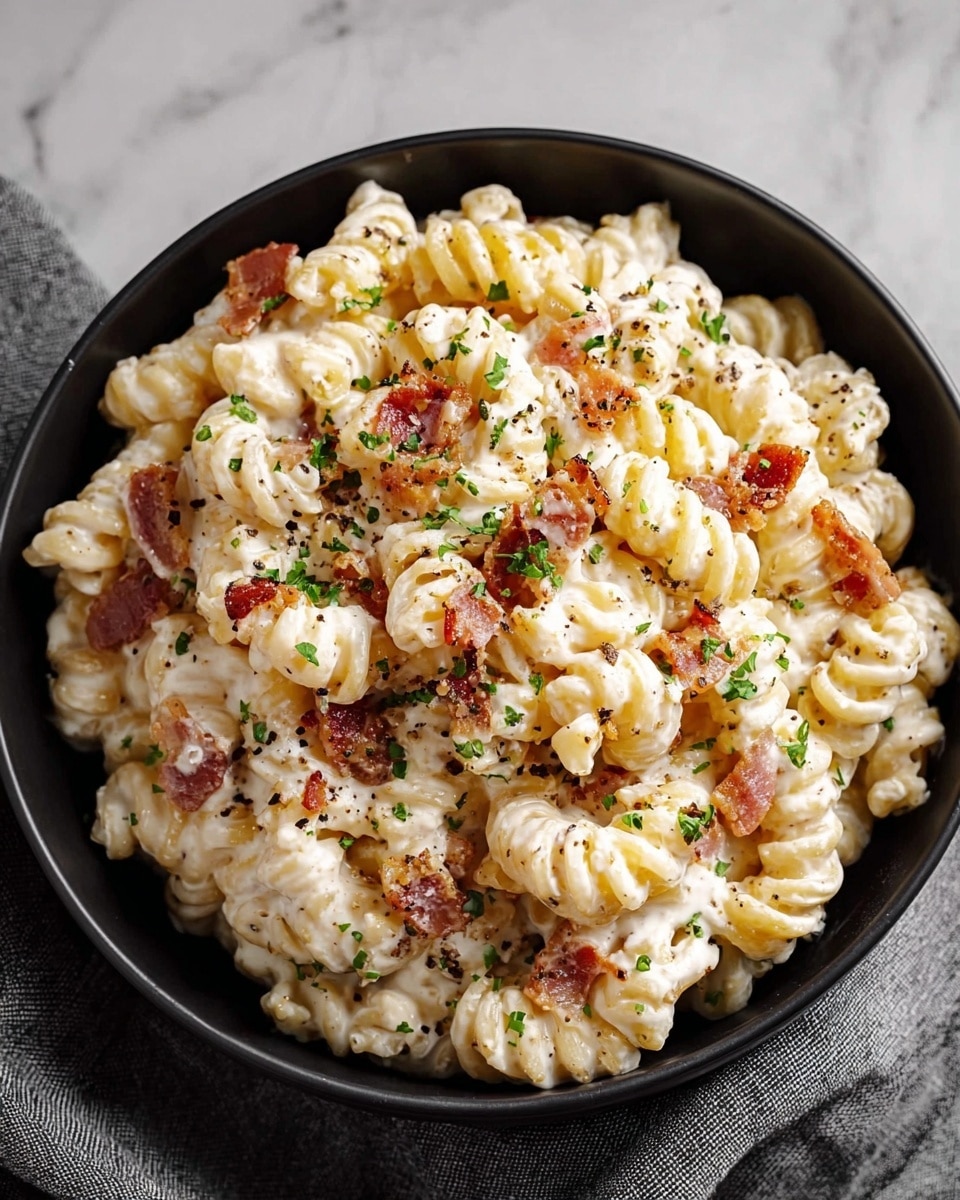 A black bowl filled with creamy pasta made of spiral macaroni coated in a thick white sauce, mixed with crispy golden brown bacon pieces scattered throughout. There are small flecks of black pepper and finely chopped green herbs sprinkled on top, adding texture and color contrast. The bowl rests against a gray cloth on a white marbled surface, giving a cozy and inviting feel. photo taken with an iphone --ar 4:5 --v 7
