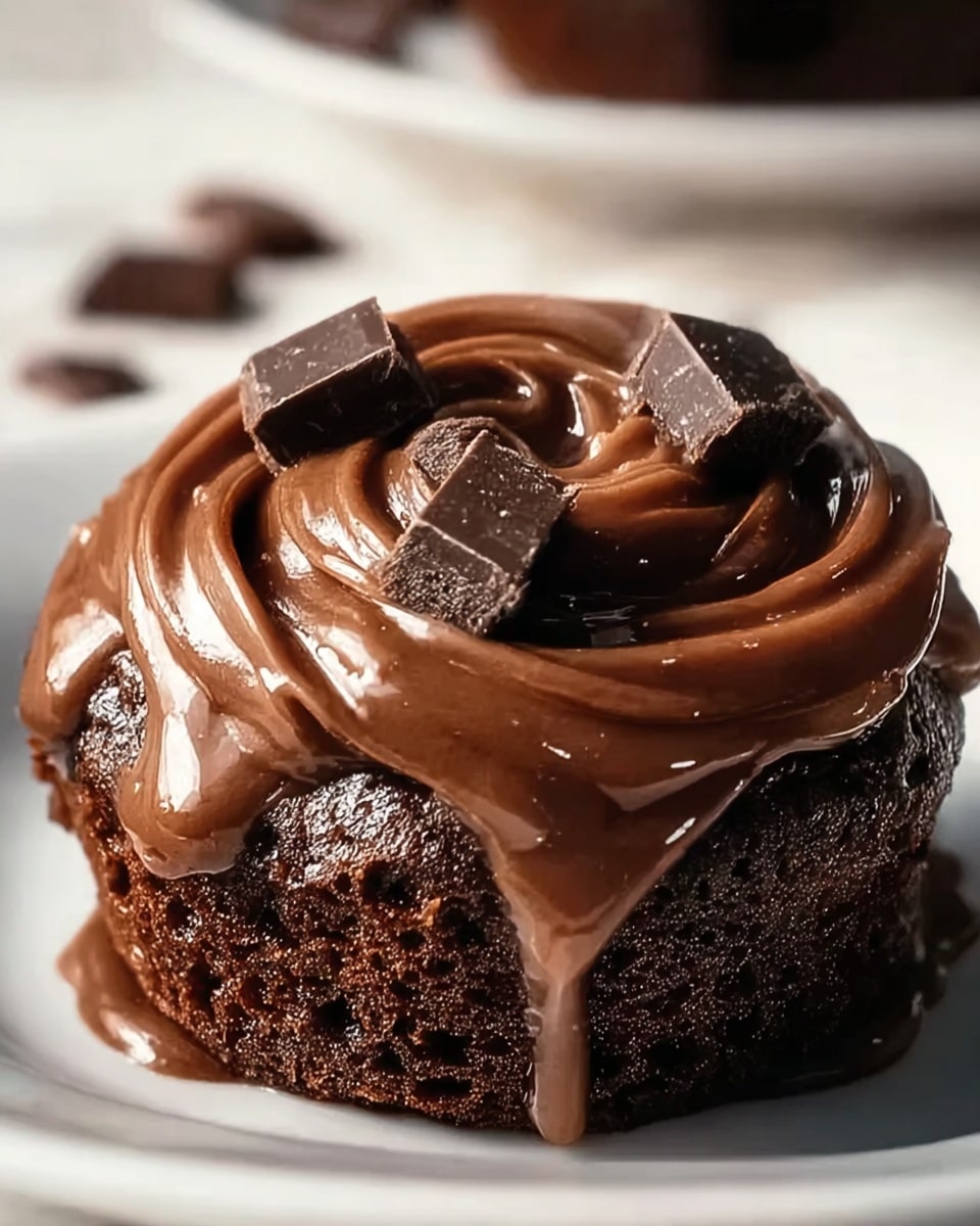 The image shows a close-up of a single chocolate cupcake with one thick layer of shiny, smooth chocolate frosting swirled on top. The frosting is a light brown color and glossy, covering the top of the dark brown, moist cupcake base. On top of the frosting, three dark chocolate pieces are placed, adding texture and extra detail. The cupcake sits on a white plate on a white marbled surface, with some scattered chocolate pieces blurred in the background. photo taken with an iphone --ar 4:5 --v 7
