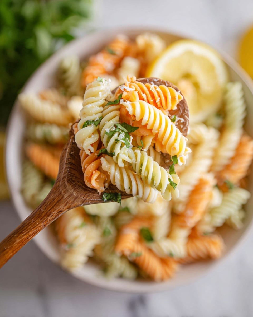 The image shows a close-up of a wooden spoon holding a mix of tri-color rotini pasta in three layers: creamy white, orange, and pale green, all twisted spirals coated lightly with melted butter and bits of grated white cheese. Scattered small bright green basil or parsley leaves add freshness among the pasta layers. The spoon is lifted above a white bowl filled with the same colorful pasta mix with a wedge of lemon resting inside the bowl near its edge. The background is a white marbled texture with hints of blurred greenery. photo taken with an iphone --ar 4:5 --v 7