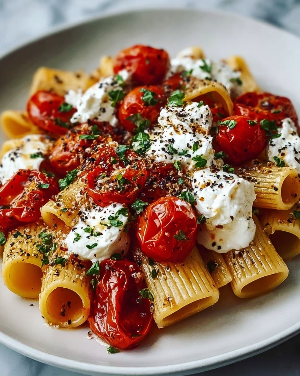A white plate holds a layered pasta dish, starting with curled, tube-shaped pasta in a light golden color as the base layer. On top, there are glossy, roasted cherry tomatoes, some whole and some halved showing their juicy, red interior. Scattered among the tomatoes are dollops of creamy white cheese with a soft texture. The dish is sprinkled with cracked black pepper and finely chopped green herbs, adding contrast and freshness throughout. The entire plate sits on a white marbled surface. photo taken with an iphone --ar 4:5 --v 7