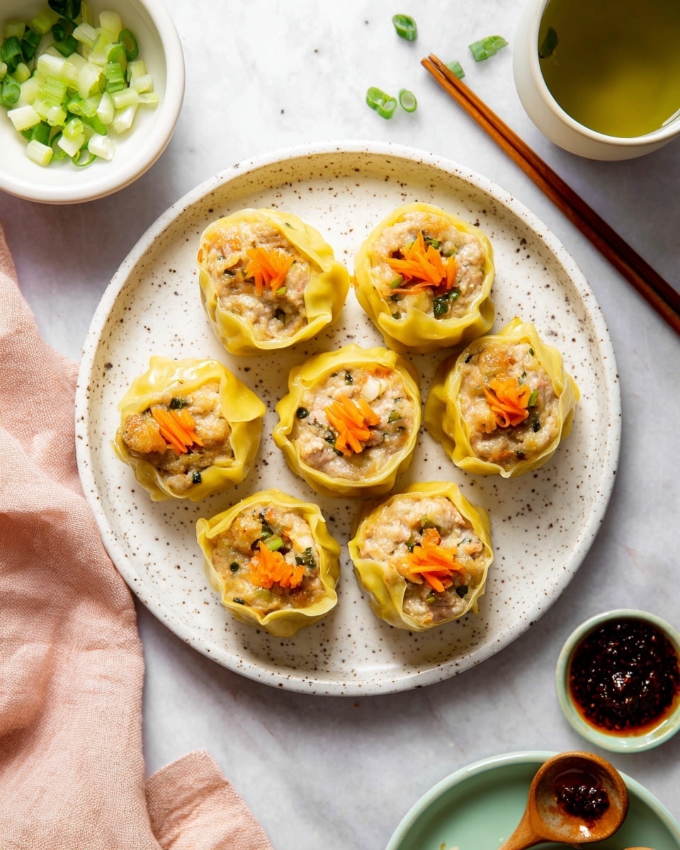 Seven round dumplings arranged on a white speckled plate, each dumpling has a yellow, thin wrapper folded around a beige filling mixed with small green and dark brown pieces, topped with a small pile of finely chopped bright orange carrot. The plate is on a white marbled surface, with a small white bowl filled with sliced green onions on the top left and a white cup containing green tea on the top right next to a pair of brown chopsticks. A part of a light green plate with dumplings and a wooden spoon with dark chili paste is at the bottom right, and a soft light pink cloth is partially visible on the bottom left. photo taken with an iphone --ar 4:5 --v 7