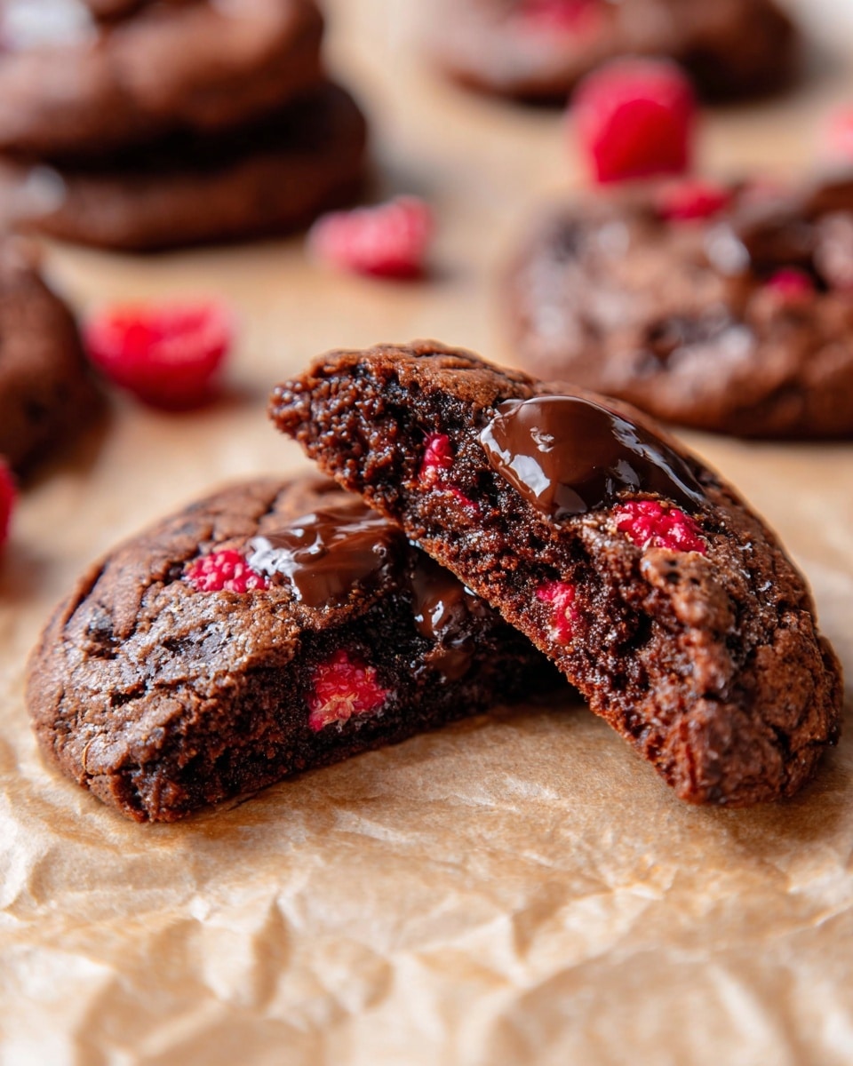 The image shows a close-up of a chocolate cookie broken in half, revealing its soft, dense, and moist dark brown interior with chunks of melted dark chocolate and bits of bright red raspberry inside. One half rests flat on a crinkled parchment paper with a glossy chocolate and raspberry piece on top, while the other half leans on it, showing the gooey inside. In the background, several whole chocolate cookies with similar texture and red raspberry spots are scattered. The entire scene sits on a white marbled surface. photo taken with an iphone --ar 4:5 --v 7