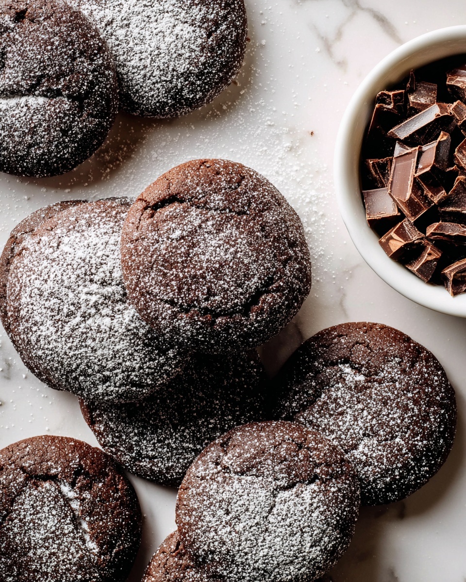 The image shows several round chocolate cookies placed closely together on a white marbled surface. Each cookie has a dark brown color with a slightly rough texture and is lightly dusted with fine white powdered sugar on top. To the right side of the image, there is a white bowl containing chunks of chocolate pieces. The overall scene gives a rich and homemade feel. Photo taken with an iphone --ar 4:5 --v 7