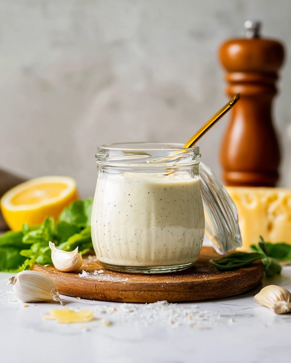 A clear glass jar filled with a smooth, creamy white sauce speckled with tiny black dots sits on a round wooden board placed on a white marbled surface. A gold spoon sticks out from the sauce inside the jar, and the jar’s glass lid leans against its side. Around the jar, there are garlic cloves, a wedge of lemon, a piece of yellow cheese, and some bright green leafy herbs blurred in the foreground. A tall wooden pepper grinder stands in the background against a light gray, softly textured wall. photo taken with an iphone --ar 4:5 --v 7