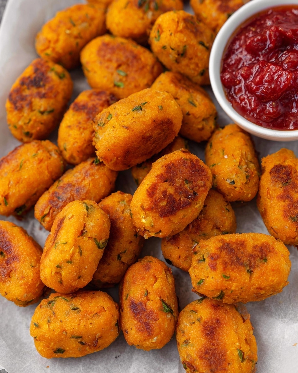 The image shows many small, oval-shaped croquettes with a golden-orange color and some green herb pieces visible inside. Each croquette has a crispy, lightly browned patch on top, giving a crunchy texture. They are placed closely together on a white marbled surface covered with a piece of parchment paper. In the top right corner, there is a white bowl filled with bright red chunky sauce, adding a vibrant contrast to the warm color of the croquettes. photo taken with an iphone --ar 4:5 --v 7