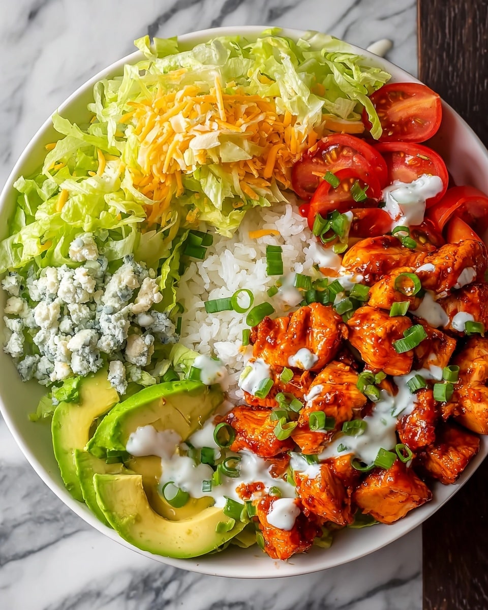 A white bowl filled with a layered dish on a white marbled surface, starting with a base of white rice at the bottom. On one side, there is shredded lettuce topped with halved bright red cherry tomatoes and a mix of shredded yellow and white cheese. Next to this is a section of creamy blue cheese crumbles scattered over more lettuce leaves. Thin slices of bright green avocado fan out gently on the side. The main layer features chunks of orange-red glazed chicken, coated in a shiny sauce and sprinkled with chopped green onions, with light dollops of creamy white ranch sauce scattered over the chicken and some lettuce. photo taken with an iphone --ar 4:5 --v 7