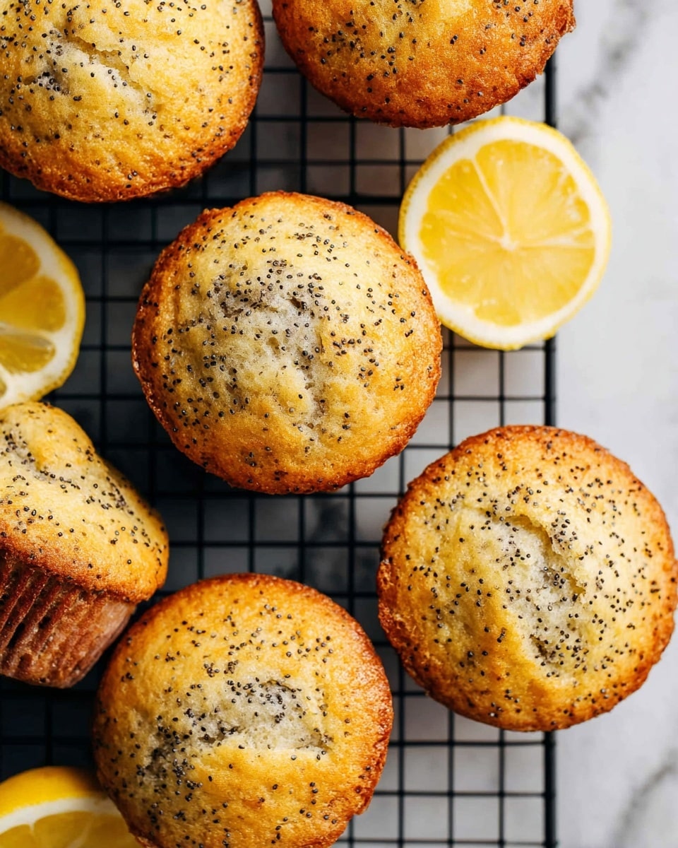 The image shows six golden-brown lemon poppy seed muffins with a slightly cracked top sprinkled with black poppy seeds. The muffins have a soft, fluffy texture with a light crust on top. Two bright yellow lemon halves with visible juicy segments are placed among the muffins. All items are arranged on a black wire cooling rack set on a white marbled texture surface. The lighting highlights the warm colors and textures of the muffins and lemons. photo taken with an iphone --ar 4:5 --v 7