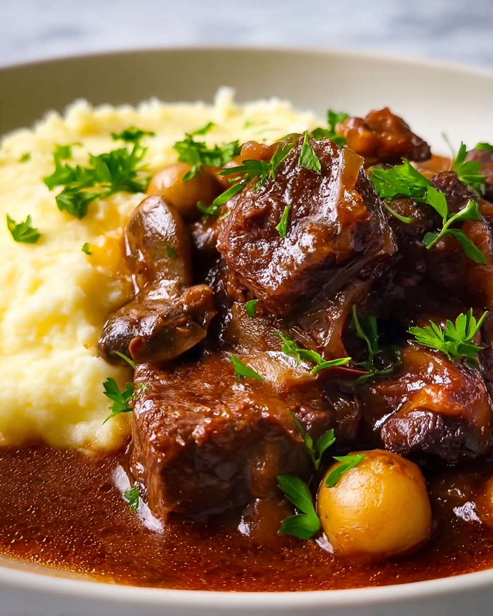 The image shows a close-up of a rich beef stew layered on a white plate with a white marbled background. The bottom layer is a thick, dark brown sauce with a glossy texture. On top, there are large chunks of tender, browned beef covered in the sauce, mixed with small pearl onions and mushrooms. Fresh green parsley leaves are sprinkled over the stew, adding a fresh contrast. Behind the stew on the plate, there is a creamy, pale yellow pile of mashed potatoes with a smooth texture. The whole dish looks hearty and well-cooked, with shine on the sauce and steam giving a warm feeling. photo taken with an iphone --ar 4:5 --v 7